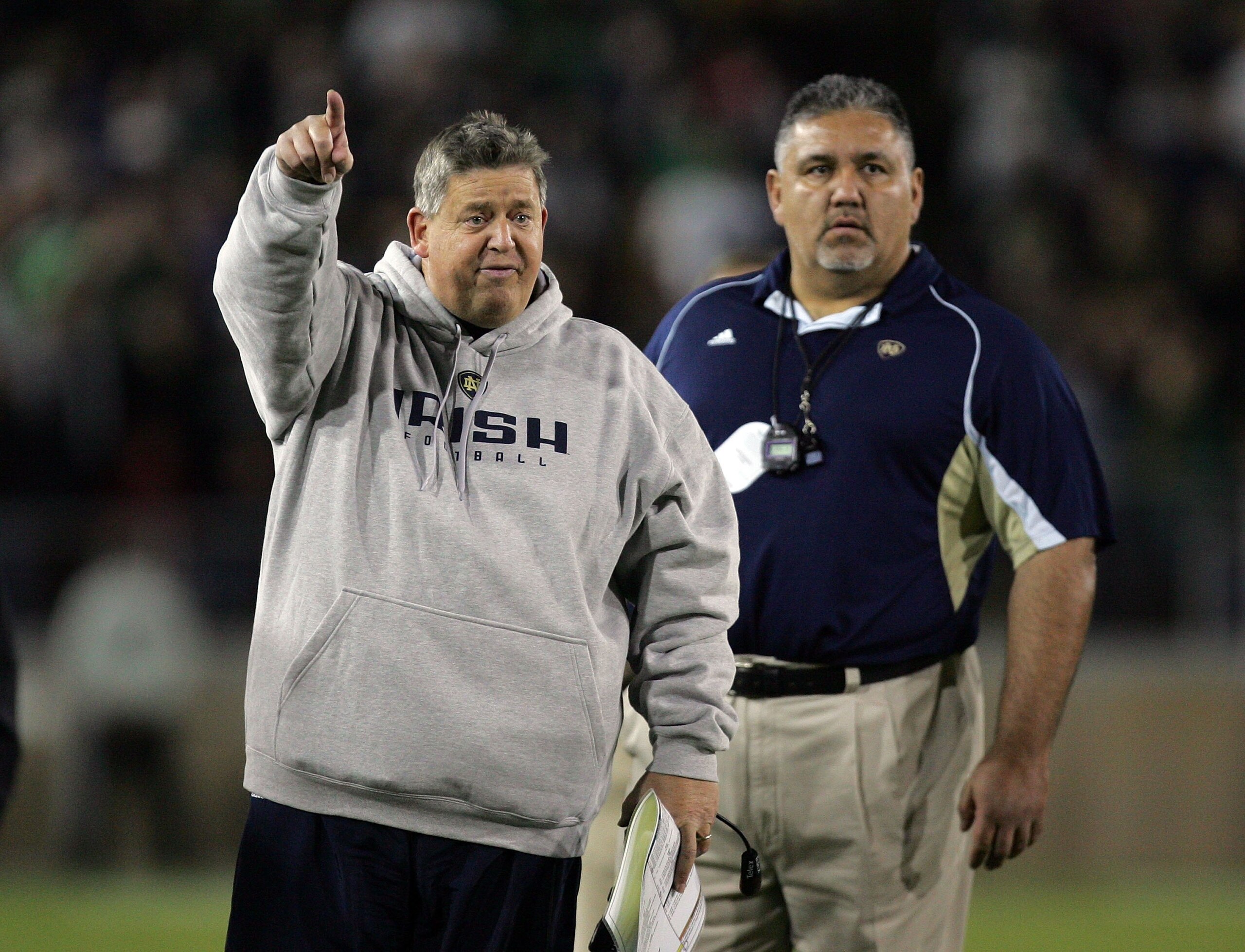 PALO ALTO, CA - NOVEMBER 28:  Notre Dame head coach Charlie Weis points to the replay during their game against the Stanford Cardinal at Stanford Stadium on November 28, 2009 in Palo Alto, California.  (Photo by Ezra Shaw/Getty Images)