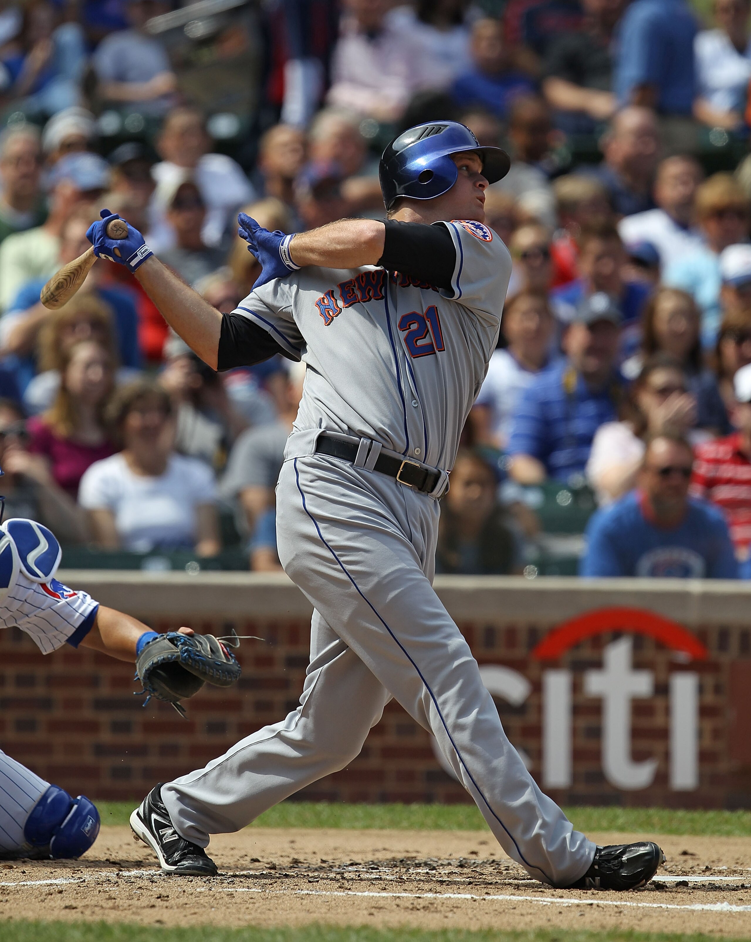 CHICAGO - SEPTEMBER 05: Lucas Duda #21 of the New York Mets takes a swing against the Chicago Cubs at Wrigley Field on September 5, 2010 in Chicago, Illinois. The Mets defeated the Cubs 18-5.  (Photo by Jonathan Daniel/Getty Images)