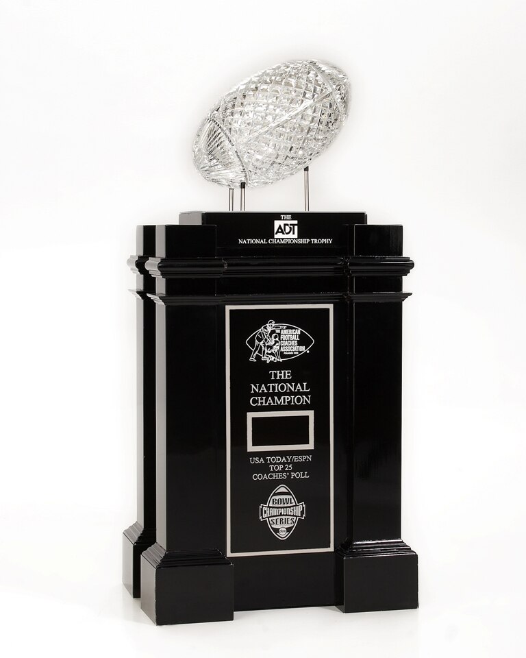 PASADENA, CA - JANUARY 4:  In this handout photo provided by ADT a general view of the Waterford Crystal ADT National Championship Trophy. The annual award is presented by the AFCA, American Football Coaches Association, to the winning NCAA team of the BC