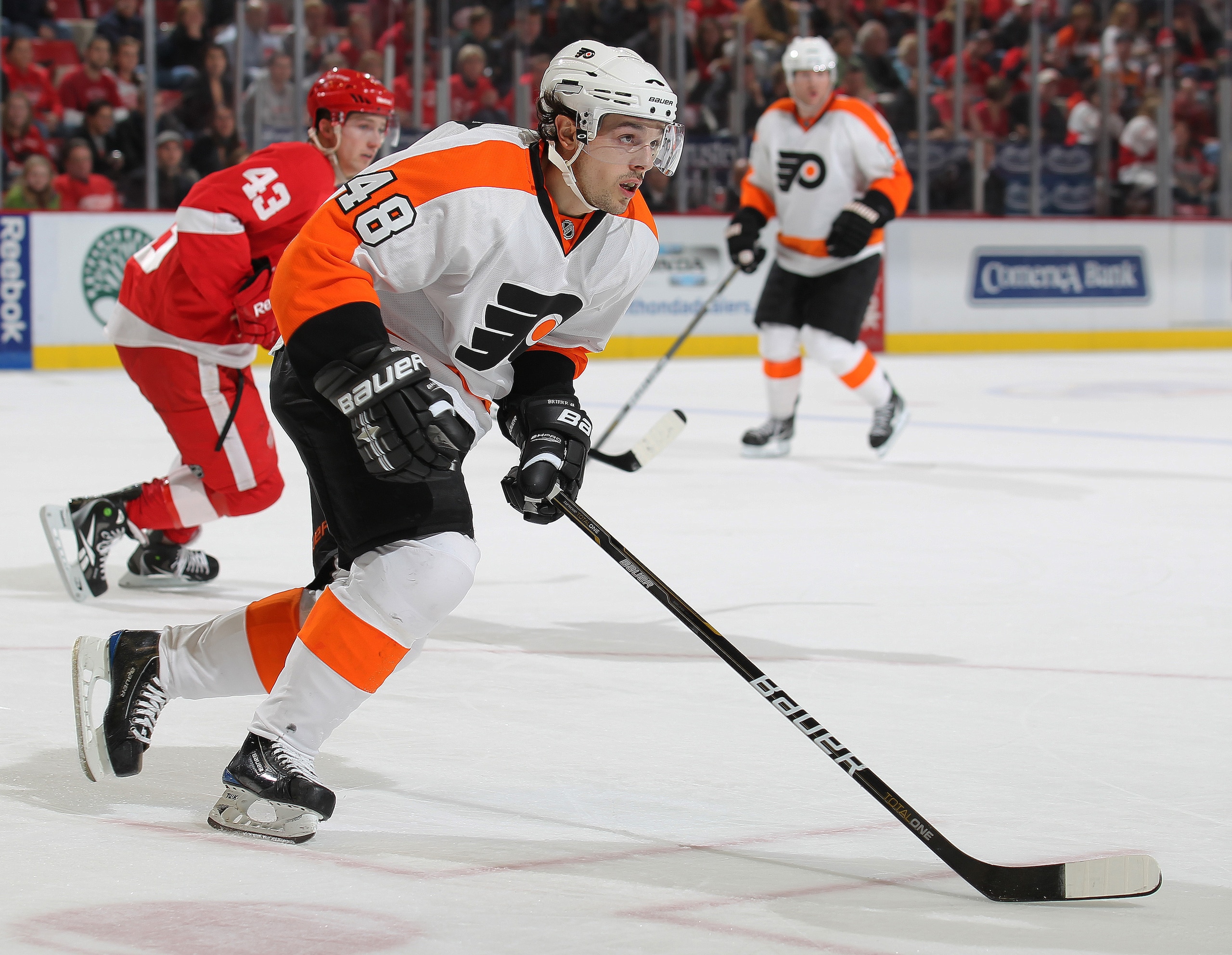 DETROIT, MI - JANUARY 2:  Daniel Briere #48 of the Philadelphia Flyers skates back up ice in a game against the Detroit Red Wings on January 2, 2011 at the Joe Louis Arena in Detroit, Michigan. The Flyers defeated the Wings 3-2. (Photo by Claus Anderzen/G