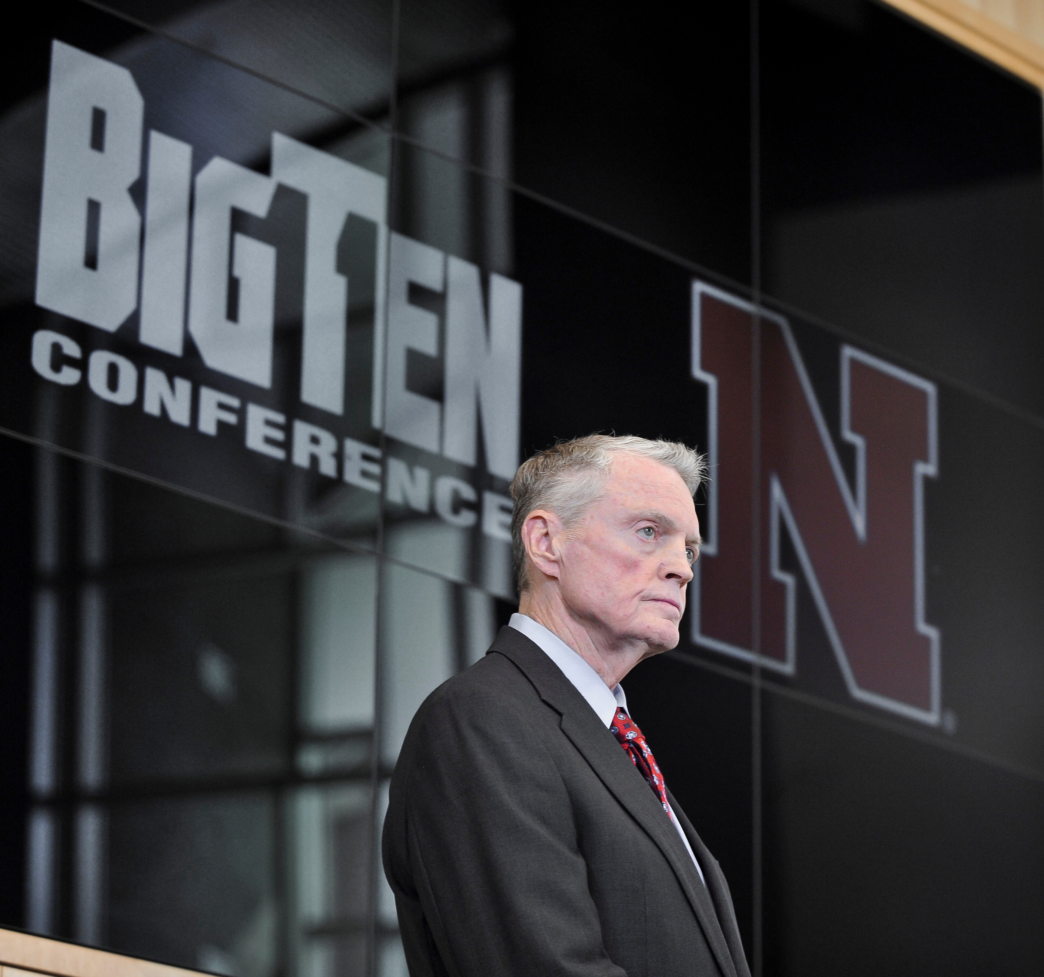 LINCOLN, NE  - JUNE 11: University of Nebraska Athletic Director Tom Osbourne looks on as Big Ten Commissioner James Delany welcomes the University of Nebraska into the Big Ten conference June 11, 2010  Lincoln, Nebraska.  The university will begin integr