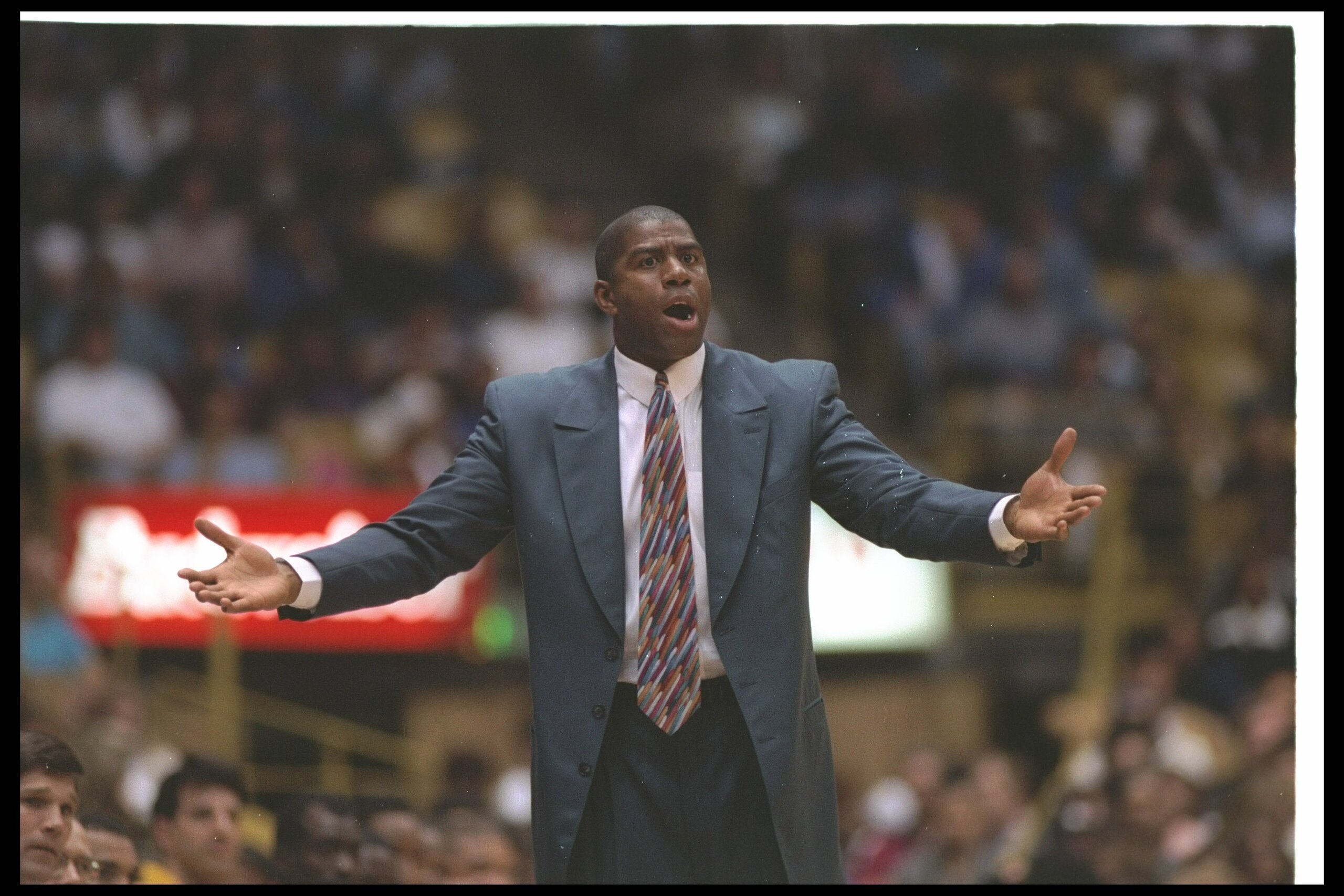 20 Apr 1994:  Los Angeles Lakers head coach Earvin (Magic) Johnson looks on during a game against the Seattle Supersonics at the Great Western Forum in Inglewood, California. Mandatory Credit: J. D. Cuban  /Allsport Mandatory Credit: J. D. Cuban  /Allspor