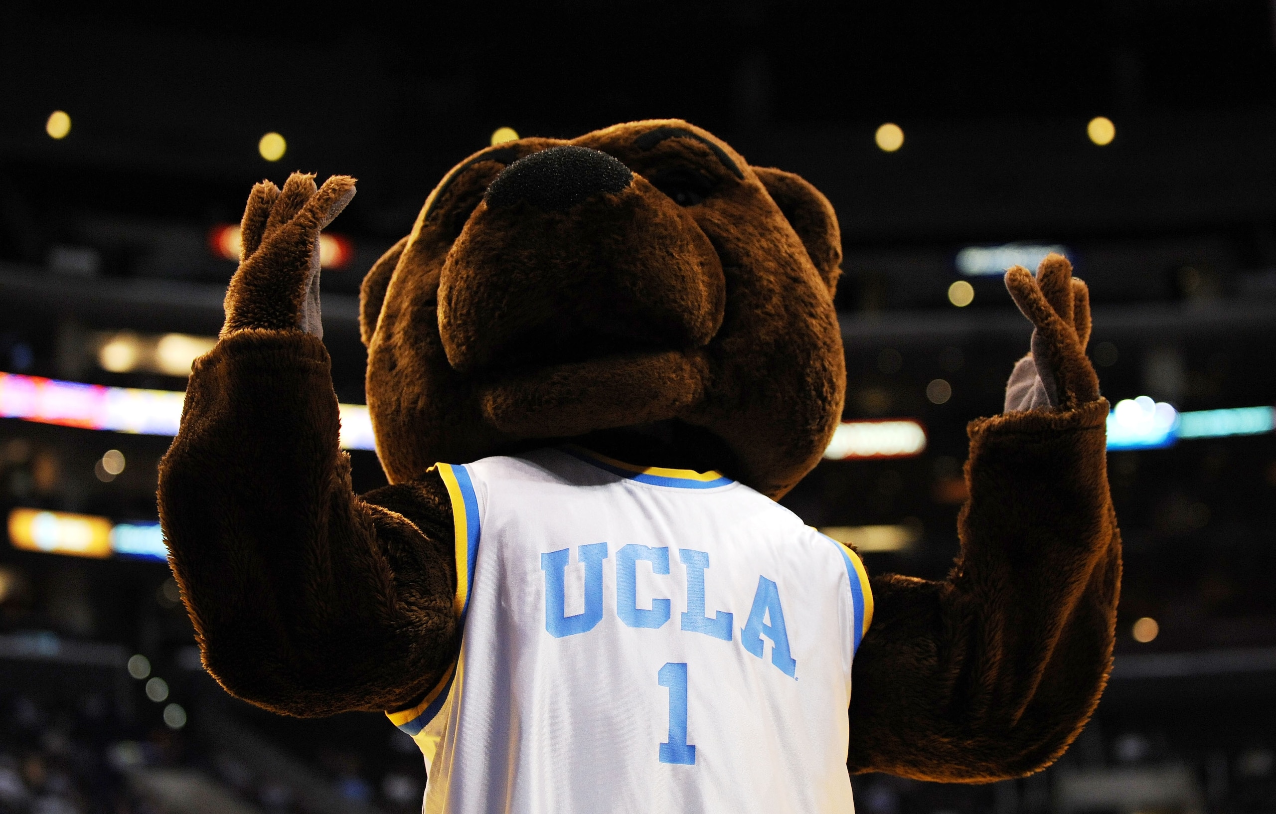 LOS ANGELES, CA - MARCH 12: The UCLA Bruins mascot Joe Bruin during their game against the Washington State Cougars in the Pacific Life Pac-10 Men's Basketball Tournament at the Staples Center on March 12, 2009 in Los Angeles, California. (Photo by Harr LOS ANGELES, CA - MARCH 12: The UCLA Bruins mascot Joe Bruin during their game against the Washington State Cougars in the Pacific Life Pac-10 Men's Basketball Tournament at the Staples Center on March 12, 2009 in Los Angeles, California. (Photo by Harr