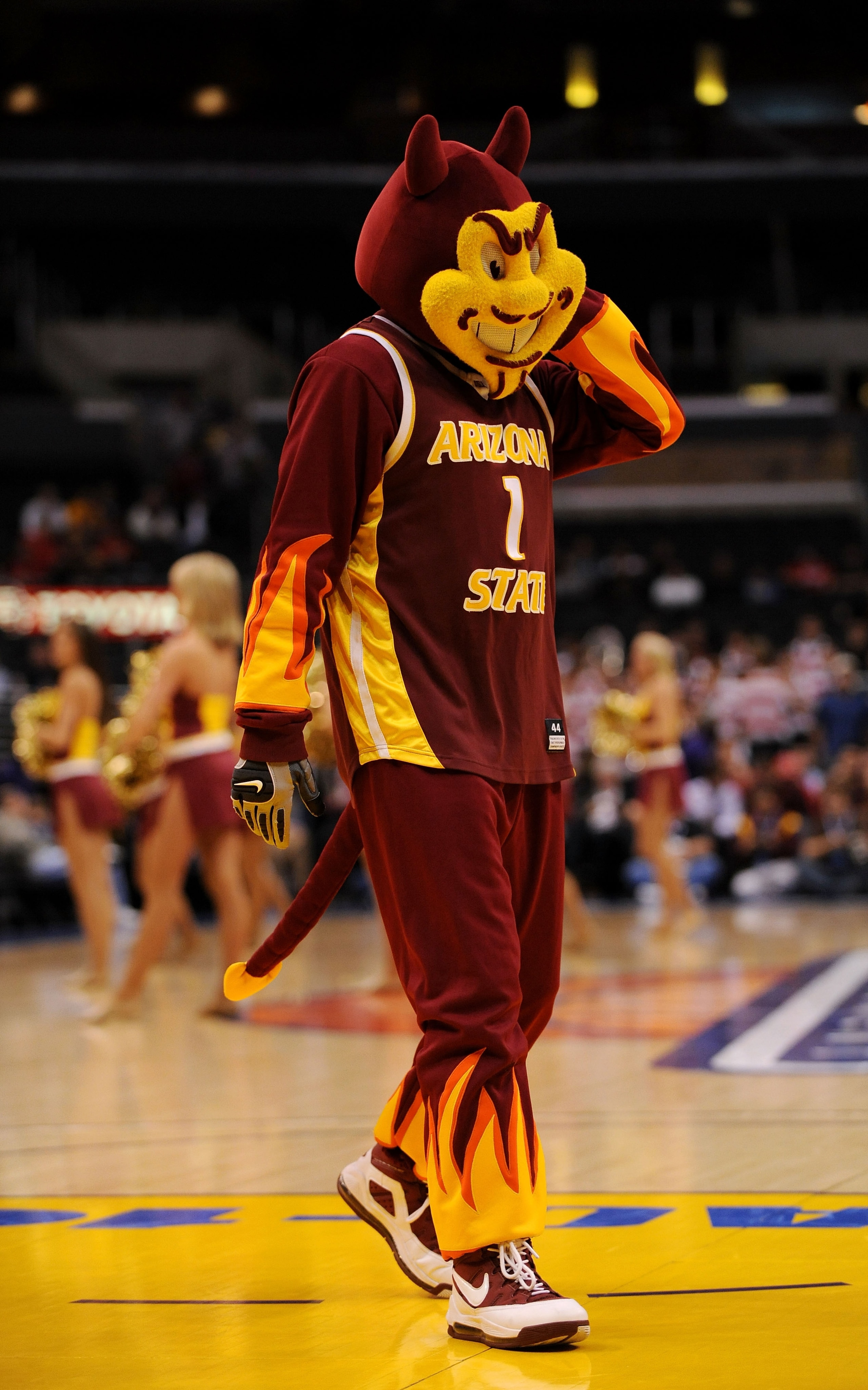 LOS ANGELES, CA - MARCH 12: Arizona State Sun Devils mascot Sparky during their game against the Arizona Wildcats during the Pacific Life Pac-10 Men's Basketball Tournament at the Staples Center on March 12, 2009 in Los Angeles, California. (Photo by Ha LOS ANGELES, CA - MARCH 12: Arizona State Sun Devils mascot Sparky during their game against the Arizona Wildcats during the Pacific Life Pac-10 Men's Basketball Tournament at the Staples Center on March 12, 2009 in Los Angeles, California. (Photo by Ha