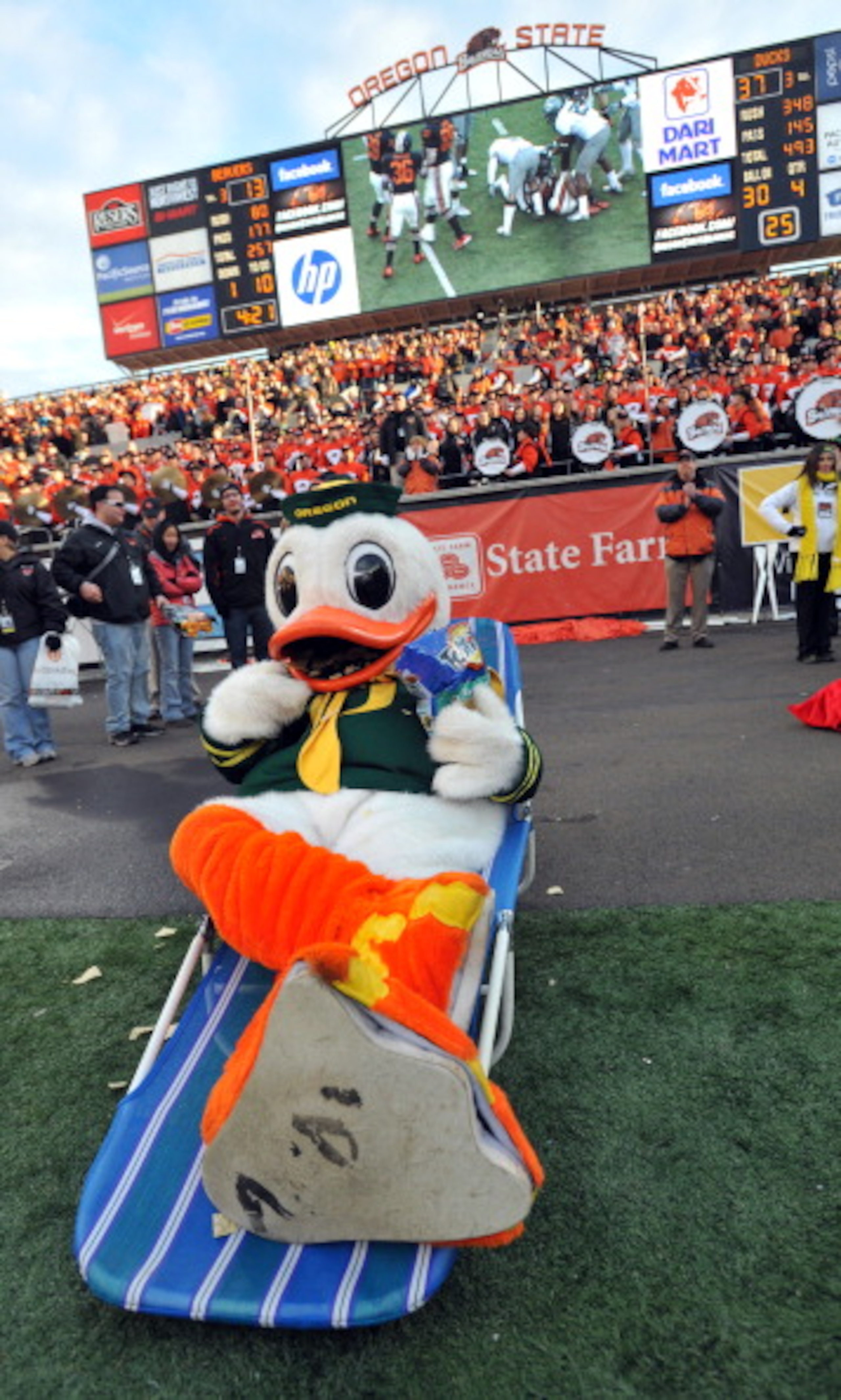 CORVALLIS, OR - DECEMBER 4: Oregon Ducks mascot 'Puddles' sits in a lawn chair and eats Tostitos chips as time winds down in the fourth quarter of the game against the Oregon State Beavers at Reser Stadium on December 4, 2010 in Corvallis, Oregon. The Duc CORVALLIS, OR - DECEMBER 4: Oregon Ducks mascot 'Puddles' sits in a lawn chair and eats Tostitos chips as time winds down in the fourth quarter of the game against the Oregon State Beavers at Reser Stadium on December 4, 2010 in Corvallis, Oregon. The Duc
