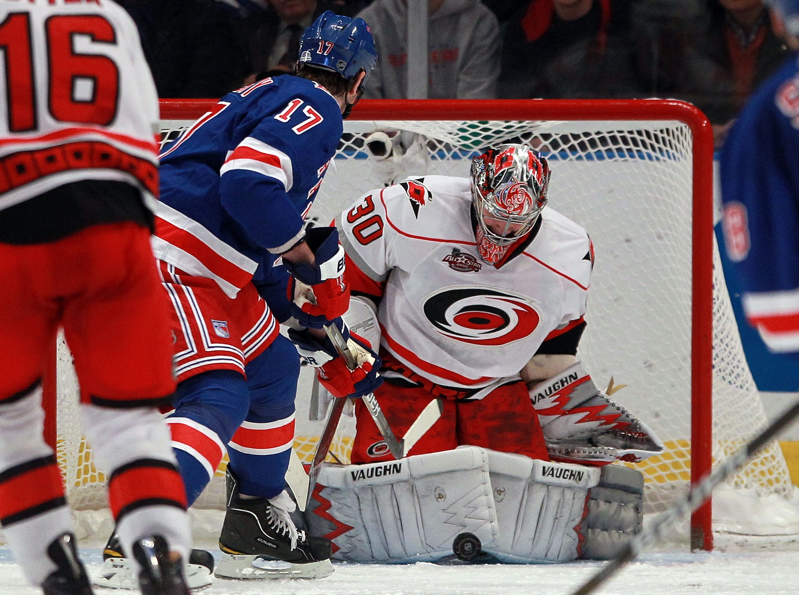 NEW YORK, NY - JANUARY 05: Cam Ward #30 of the Carolina Hurricanes skates against the New York Rangers at Madison Square Garden on January 5, 2011 in New York City. The Rangers defeated the Hurricanes 2-1 in overtime.  (Photo by Bruce Bennett/Getty Images