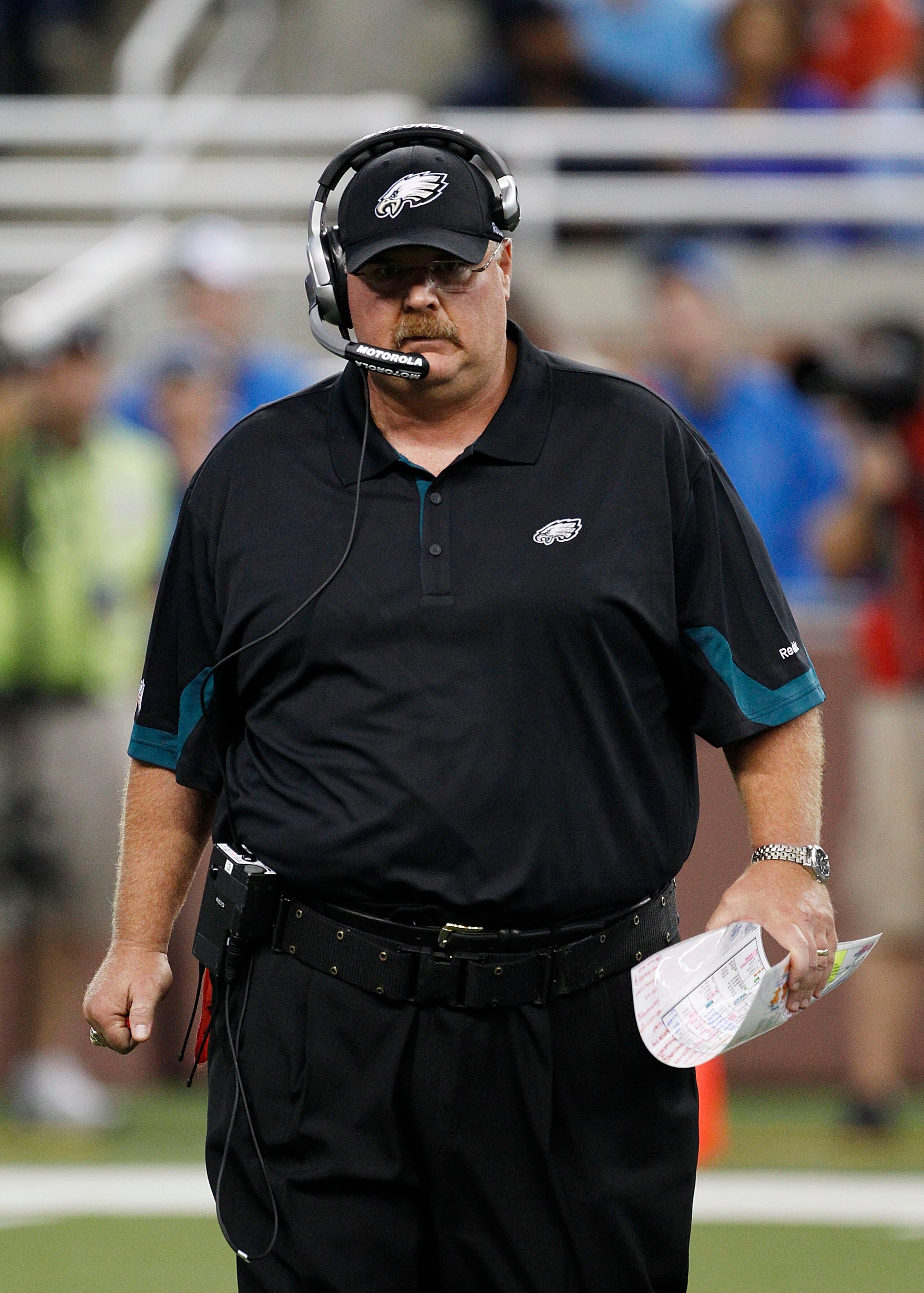 DETROIT - SEPTEMBER 19:  Philadelphia Eagles head coach Andy Reid during the game against the Detroit Lions at Ford Field on September 19, 2010 in Detroit, Michigan. The Eagles defeated the Lions 35-32.  (Photo by Leon Halip/Getty Images)