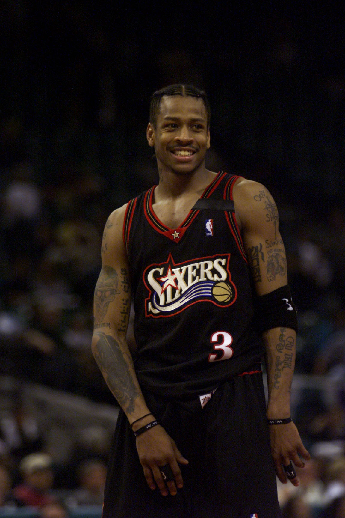 22 Apr 2000:  Allen Iverson #3 of the Philadelphia 76ers has a laugh as his team defeats the Charlotte Hornets during game one of the Eastern Conference 1st round playoff game at the Charlotte Coliseum in Charlotte, North Carolina.     Digital Image Manda