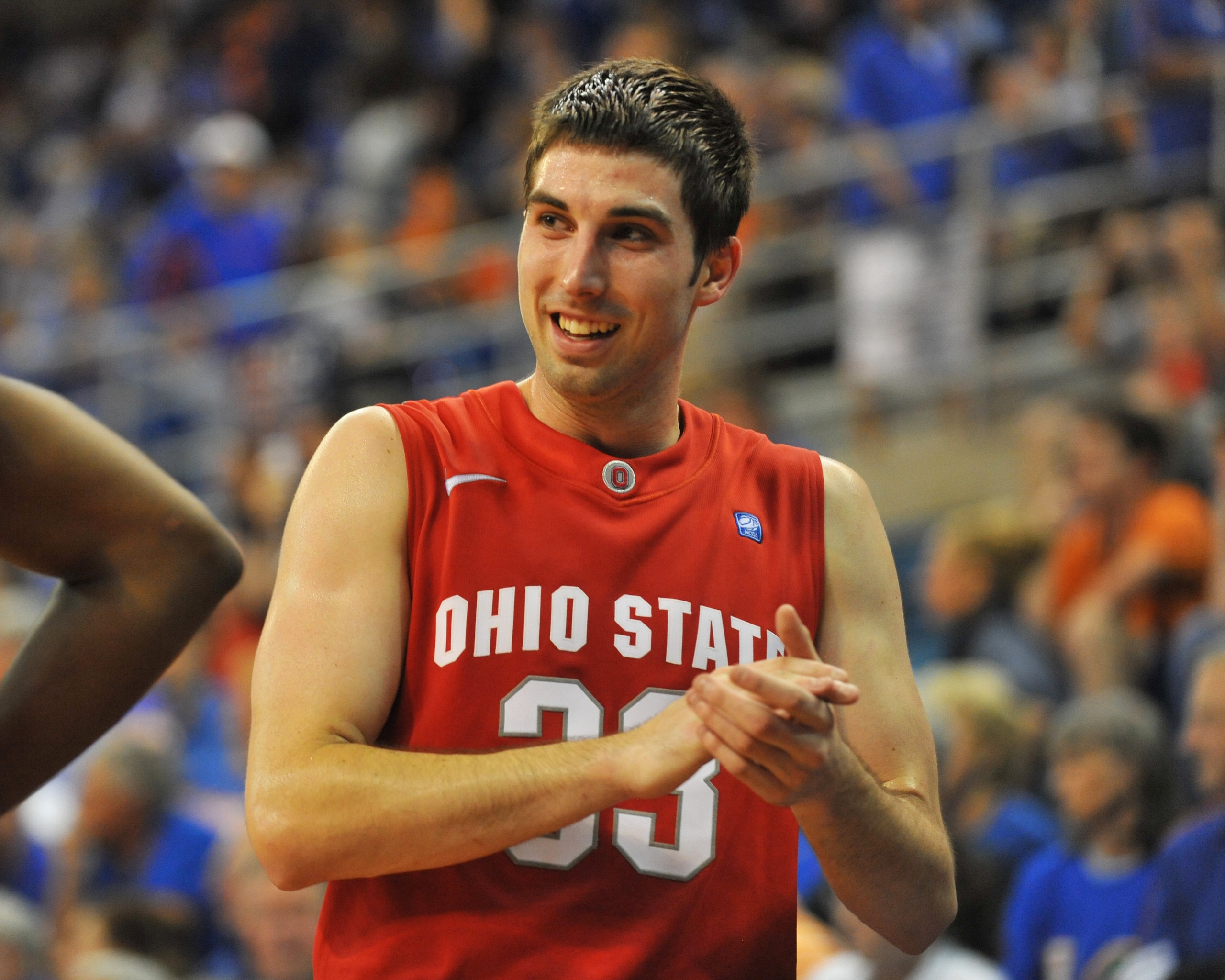 GAINESVILLE, FL - NOVEMBER 16: Guard Jon Diebler #33 of the Ohio State Buckeyes celebrates a victory against the Florida Gators November 16, 2010 at the Stephen C. O'Connell Center in Gainesville, Florida.  (Photo by Al Messerschmidt/Getty Images)