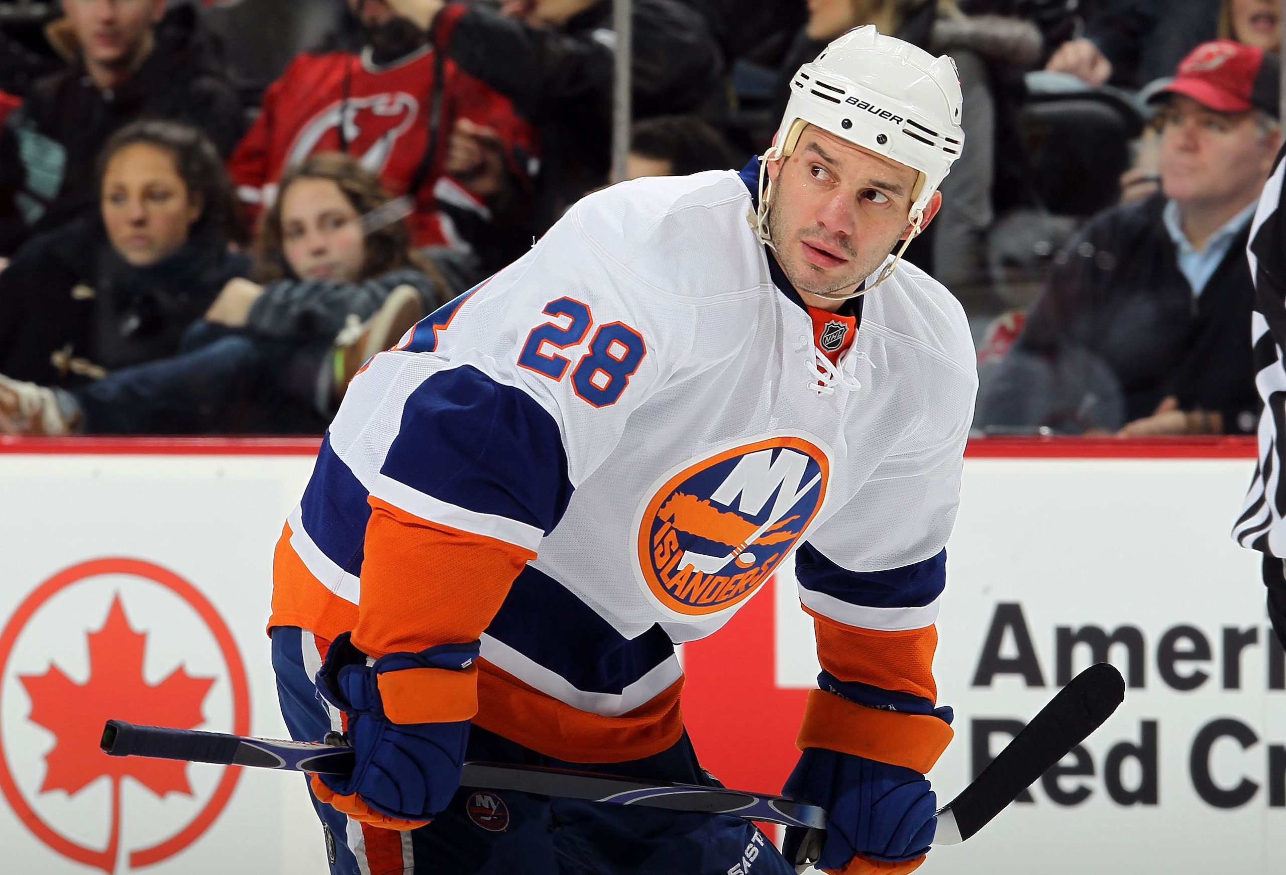 NEWARK, NJ - DECEMBER 23: Zenon Konopka #28 of the New York Islanders skates against the New Jersey Devils at the Prudential Center on December 23, 2010 in Newark, New Jersey. The Isles defeated the Devils 5-1. (Photo by Jim McIsaac/Getty Images) NEWARK, NJ - DECEMBER 23: Zenon Konopka #28 of the New York Islanders skates against the New Jersey Devils at the Prudential Center on December 23, 2010 in Newark, New Jersey. The Isles defeated the Devils 5-1. (Photo by Jim McIsaac/Getty Images)