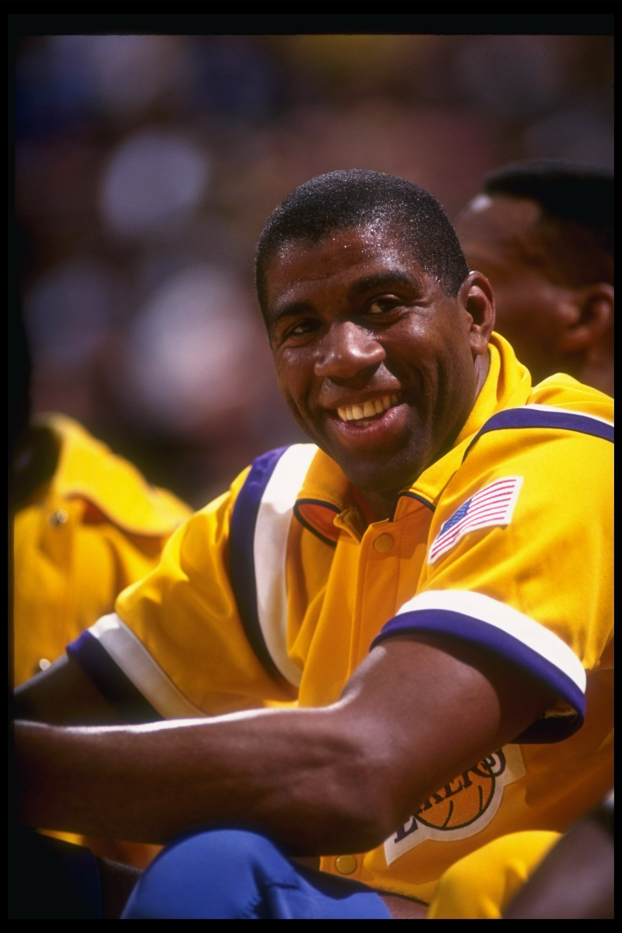 INGLEWOOD - 1990: Guard Earvin (Magic) Johnson #32 of the Los Angeles Lakers looks on during a game against the Utah Jazz at the Forum in Inglewood, California. (Photo by Stephen Dunn/Getty Images)