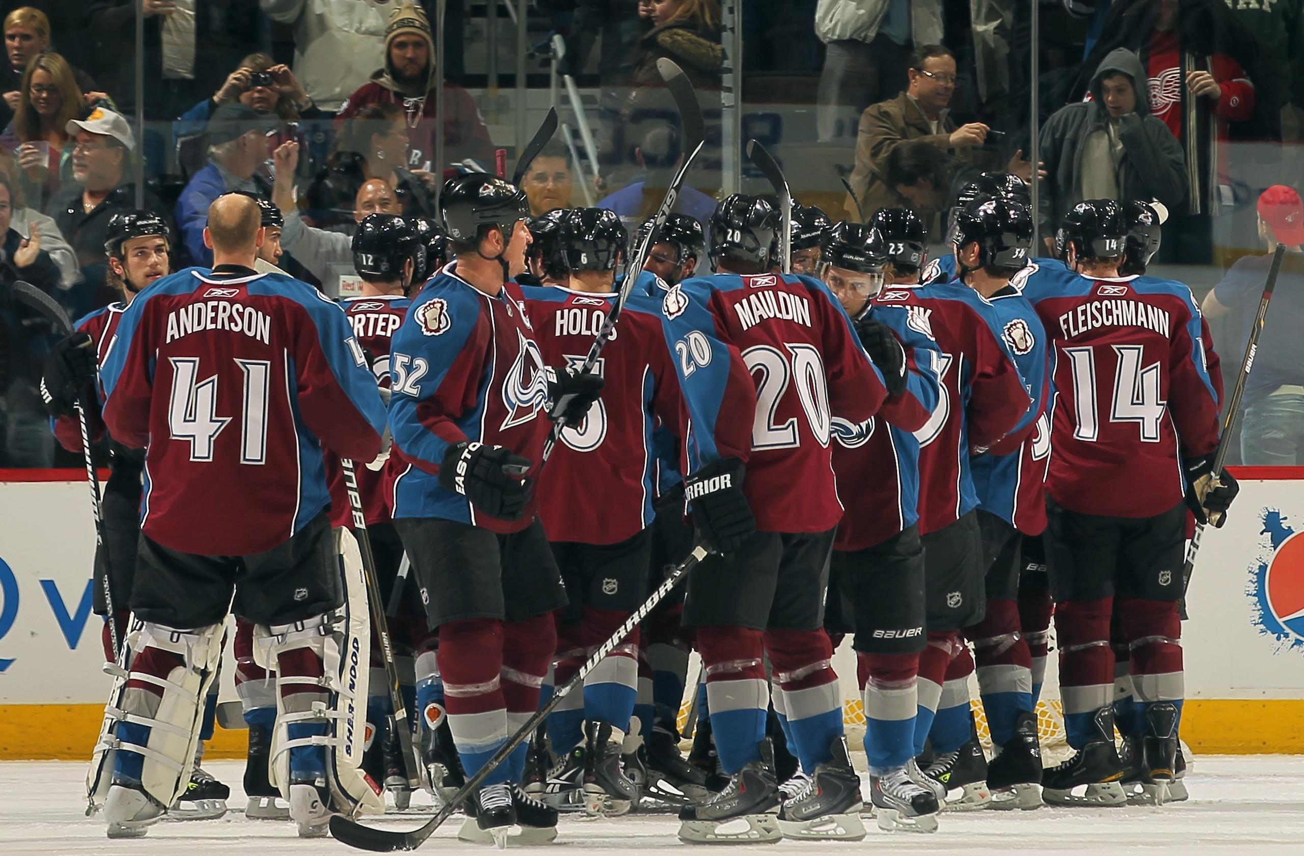 DENVER, CO - JANUARY 10: The Colorado Avalanche celebrate their victory over the Detroit Red Wings at the Pepsi Center on January 10, 2011 in Denver, Colorado. The Avalanche defeated the Red Wings 5-4. (Photo by Doug Pensinger/Getty Images) DENVER, CO - JANUARY 10: The Colorado Avalanche celebrate their victory over the Detroit Red Wings at the Pepsi Center on January 10, 2011 in Denver, Colorado. The Avalanche defeated the Red Wings 5-4. (Photo by Doug Pensinger/Getty Images)