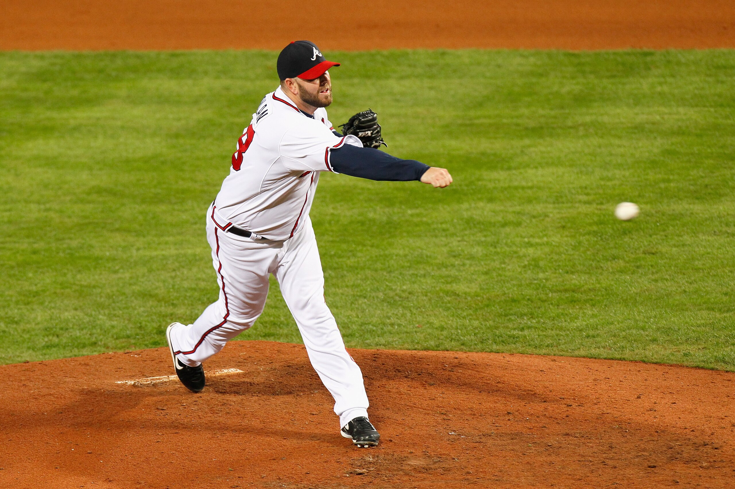 ATLANTA - OCTOBER 11:  Pitcher Peter Moylan #58 of the Atlanta Braves against the San Francisco Giants during Game Four of the NLDS of the 2010 MLB Playoffs at Turner Field on October 11, 2010 in Atlanta, Georgia.  (Photo by Kevin C. Cox/Getty Images)