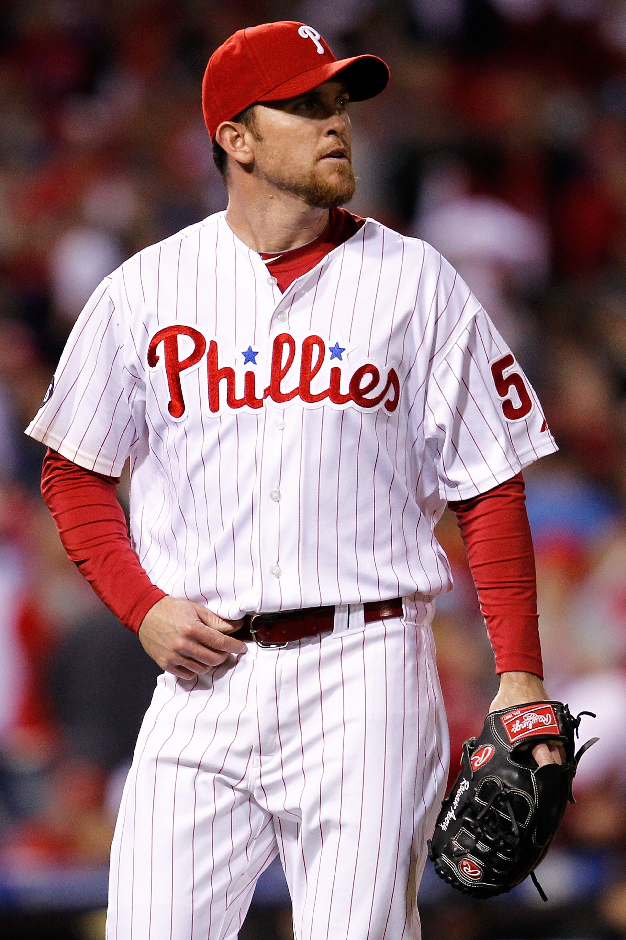 PHILADELPHIA - OCTOBER 16:  Brad Lidge #54 of the Philadelphia Phillies looks on in the ninth inning against the San Francisco Giants in Game One of the NLCS during the 2010 MLB Playoffs at Citizens Bank Park on October 16, 2010 in Philadelphia, Pennsylva