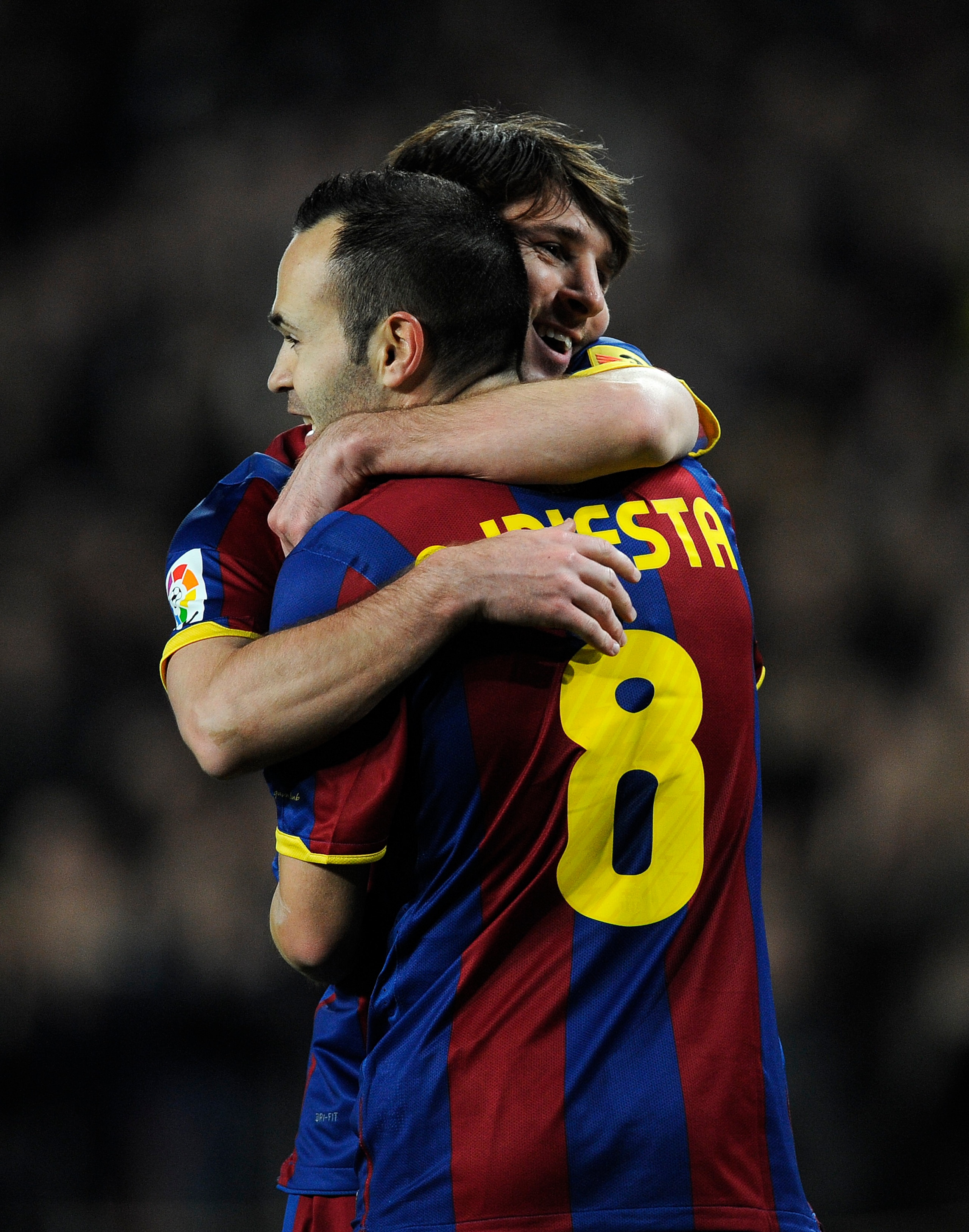 BARCELONA, SPAIN - JANUARY 12: Lionel Messi of FC Barcelona (R) celebrates with his teammate Andrs Iniesta after scoring his side's second goal during the Copa del Rey quarter final first leg match FC Barcelona and Betis at Camp Nou on January 12, 2011 i BARCELONA, SPAIN - JANUARY 12: Lionel Messi of FC Barcelona (R) celebrates with his teammate Andrs Iniesta after scoring his side's second goal during the Copa del Rey quarter final first leg match FC Barcelona and Betis at Camp Nou on January 12, 2011 i