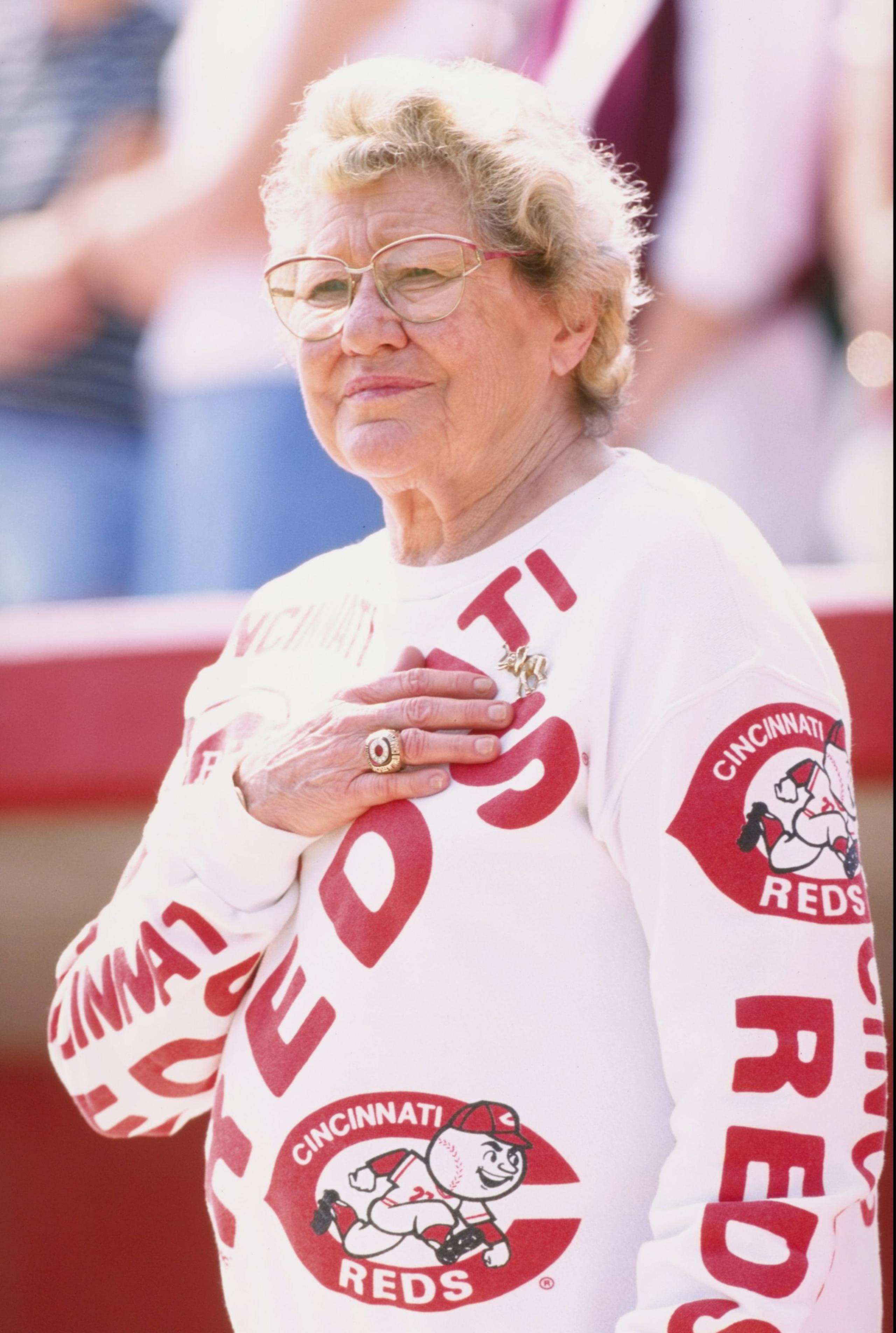 1 Mar 1998:  Cincinnati Reds owner Marge Schott looks on during a spring training game against the Texas Rangers at the Ed Smith Stadium in Sarasota, Florida. The Rangers defeated the Reds 12-9. Mandatory Credit: Tom Hauck  /Allsport