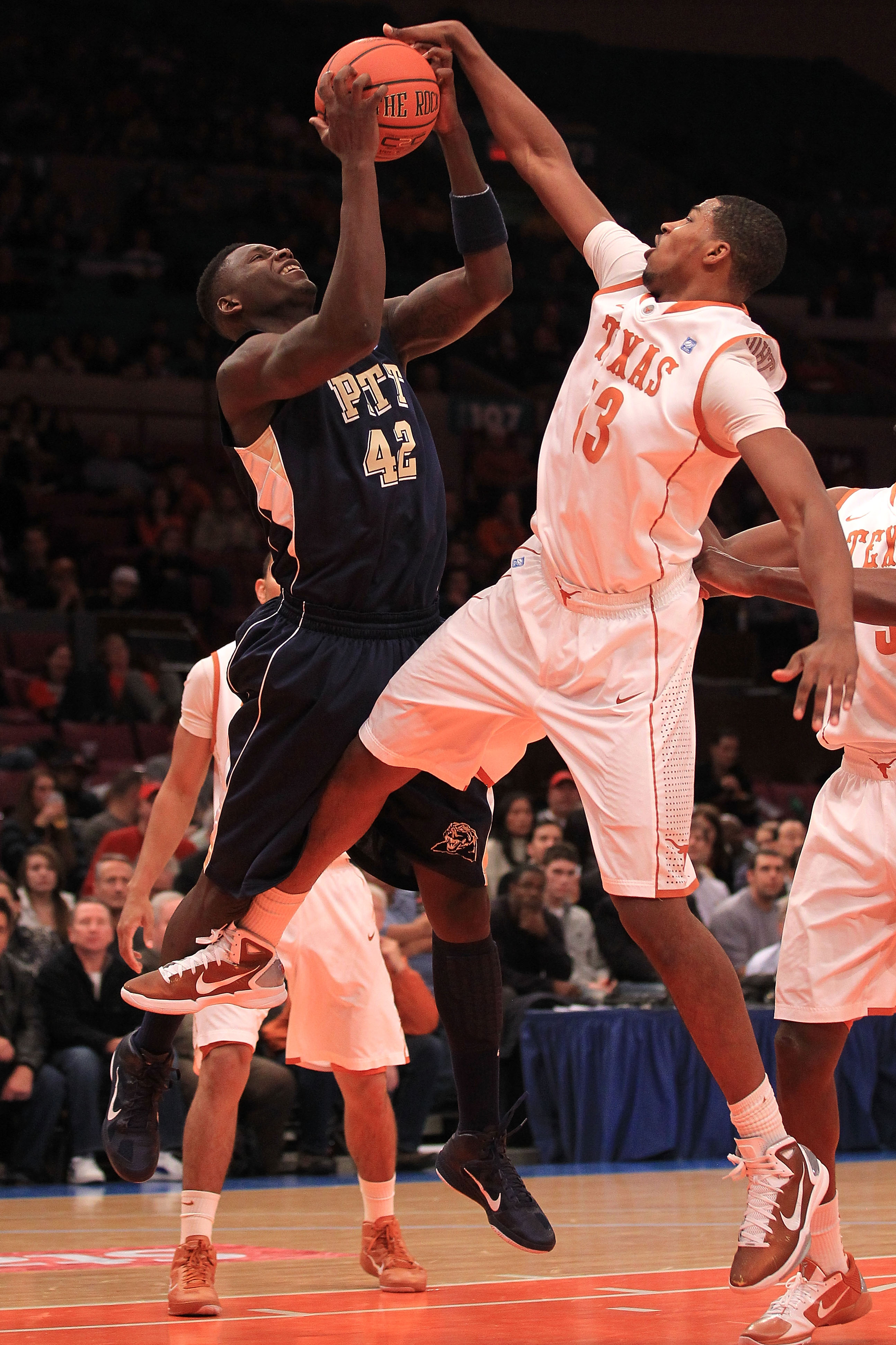 NEW YORK - NOVEMBER 19: Tristan Thompson #13 of the Texas Longhorns contests a rebound with Talib Zanna #42 of the Pittsburgh Panthers during the Championship game of the 2k Sports Classic at Madison Square Garden on November 19, 2010 in New York, New Yor