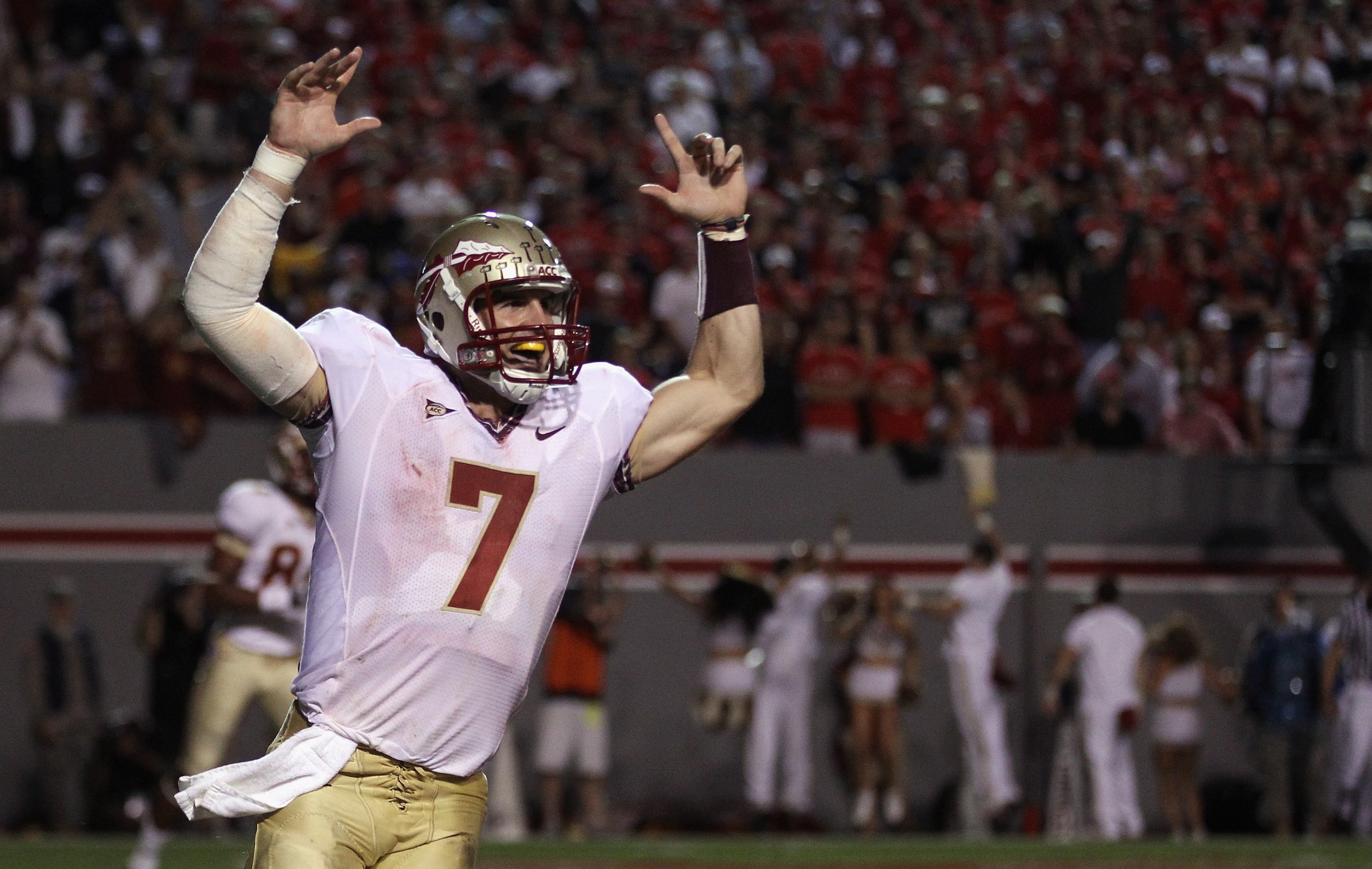 RALEIGH, NC - OCTOBER 28: Christian Ponder #7 of the Florida State Seminoles celebrates after scoring a touchdown against the North Carolina State Wolfpack during their game at Carter-Finley Stadium on October 28, 2010 in Raleigh, North Carolina. (Photo RALEIGH, NC - OCTOBER 28: Christian Ponder #7 of the Florida State Seminoles celebrates after scoring a touchdown against the North Carolina State Wolfpack during their game at Carter-Finley Stadium on October 28, 2010 in Raleigh, North Carolina. (Photo