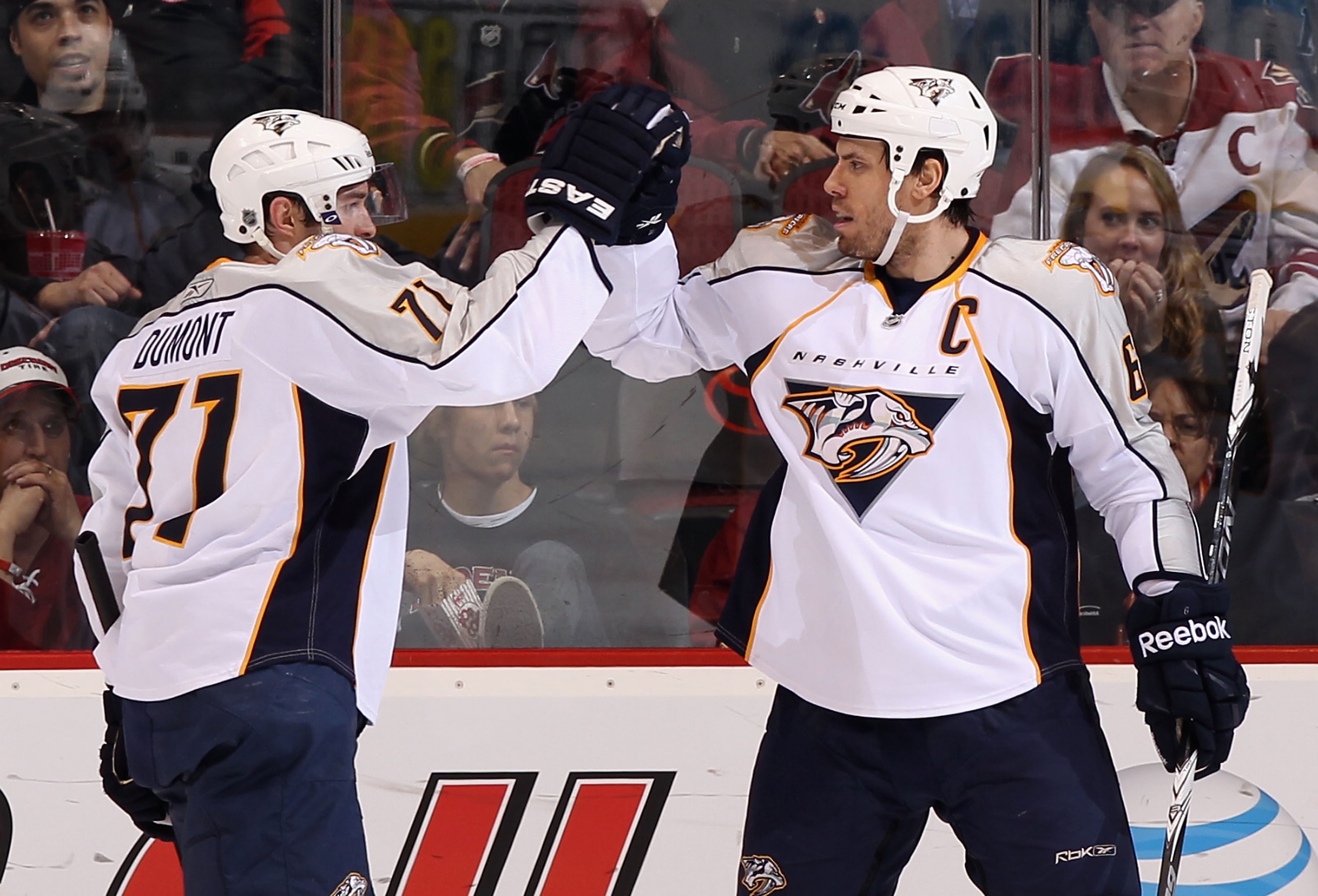 GLENDALE, AZ - JANUARY 18: J.P. Dumont #71 and Shea Weber #6 of the Nashville Predators celebrate after Dumont scored his second goal of the game against the Phoenix Coyotes during the second period of the NHL game at Jobing.com Arena on January 18, 2011 GLENDALE, AZ - JANUARY 18: J.P. Dumont #71 and Shea Weber #6 of the Nashville Predators celebrate after Dumont scored his second goal of the game against the Phoenix Coyotes during the second period of the NHL game at Jobing.com Arena on January 18, 2011