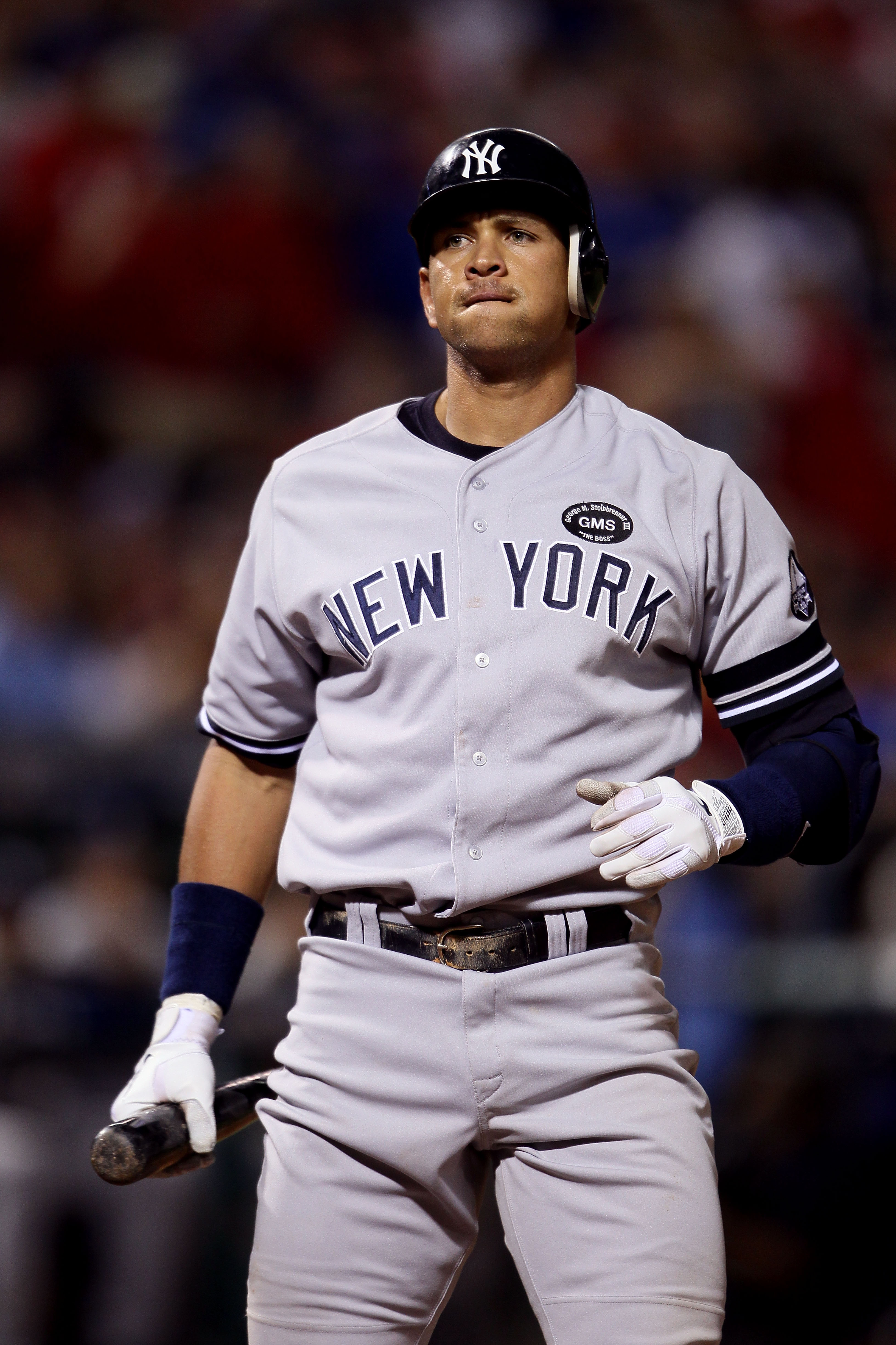 ARLINGTON, TX - OCTOBER 22:  Alex Rodriguez #13 of the New York Yankees reacts against the Texas Rangers in Game Six of the ALCS during the 2010 MLB Playoffs at Rangers Ballpark in Arlington on October 22, 2010 in Arlington, Texas.  (Photo by Elsa/Getty I