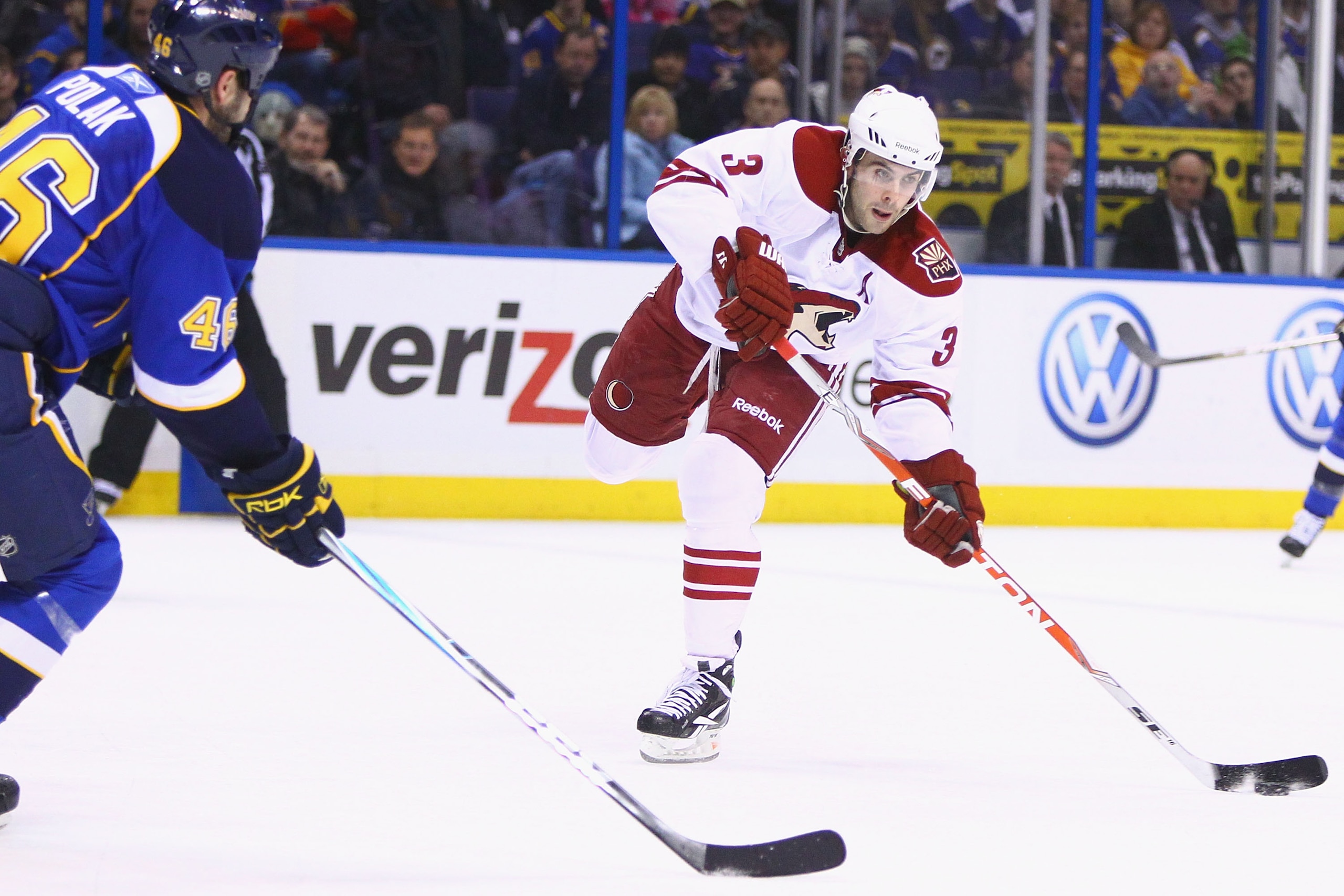 ST. LOUIS, MO - JANUARY 10: Keith Yandle #3 of the Phoenix Coyotes passes the puck against the Phoenix Coyotes at the Scottrade Center on January 10, 2011 in St. Louis, Missouri.  (Photo by Dilip Vishwanat/Getty Images)