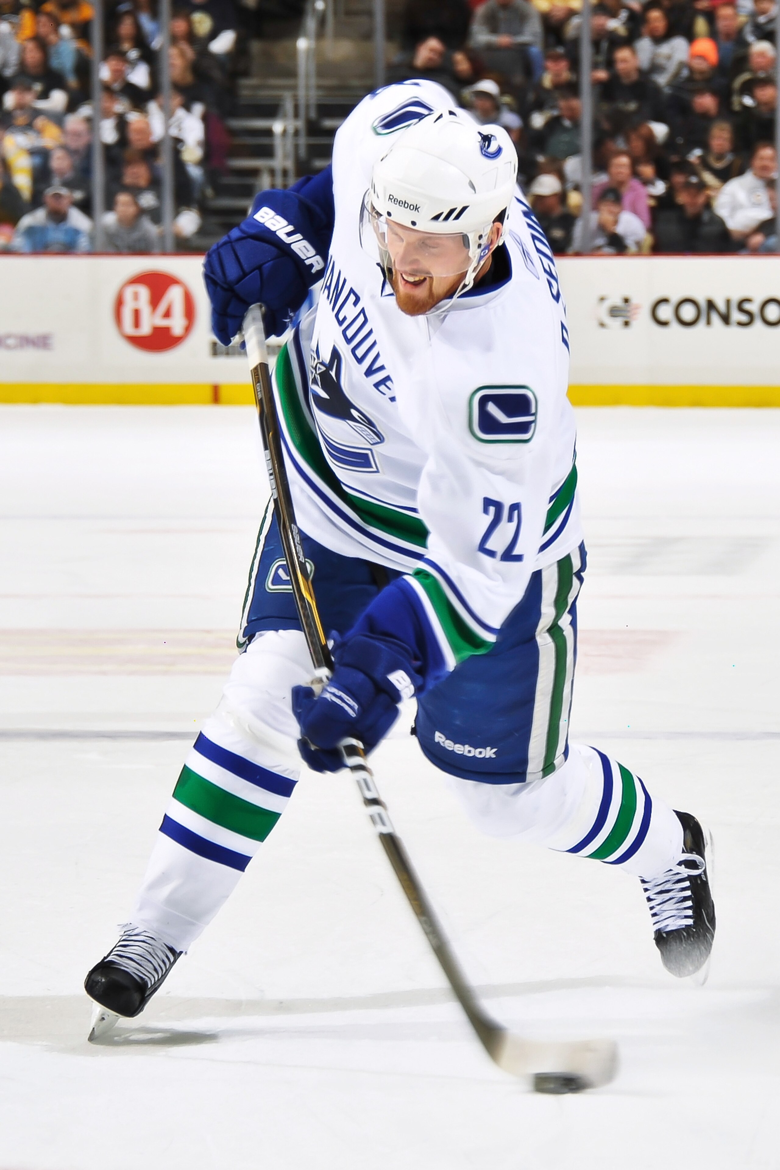 PITTSBURGH - NOVEMBER 17:  Daniel Sedin #22 of the Vancouver Canucks shoots the puck against the Pittsburgh Penguins on November 17, 2010 at Consol Energy Center in Pittsburgh, Pennsylvania.  (Photo by Jamie Sabau/Getty Images)