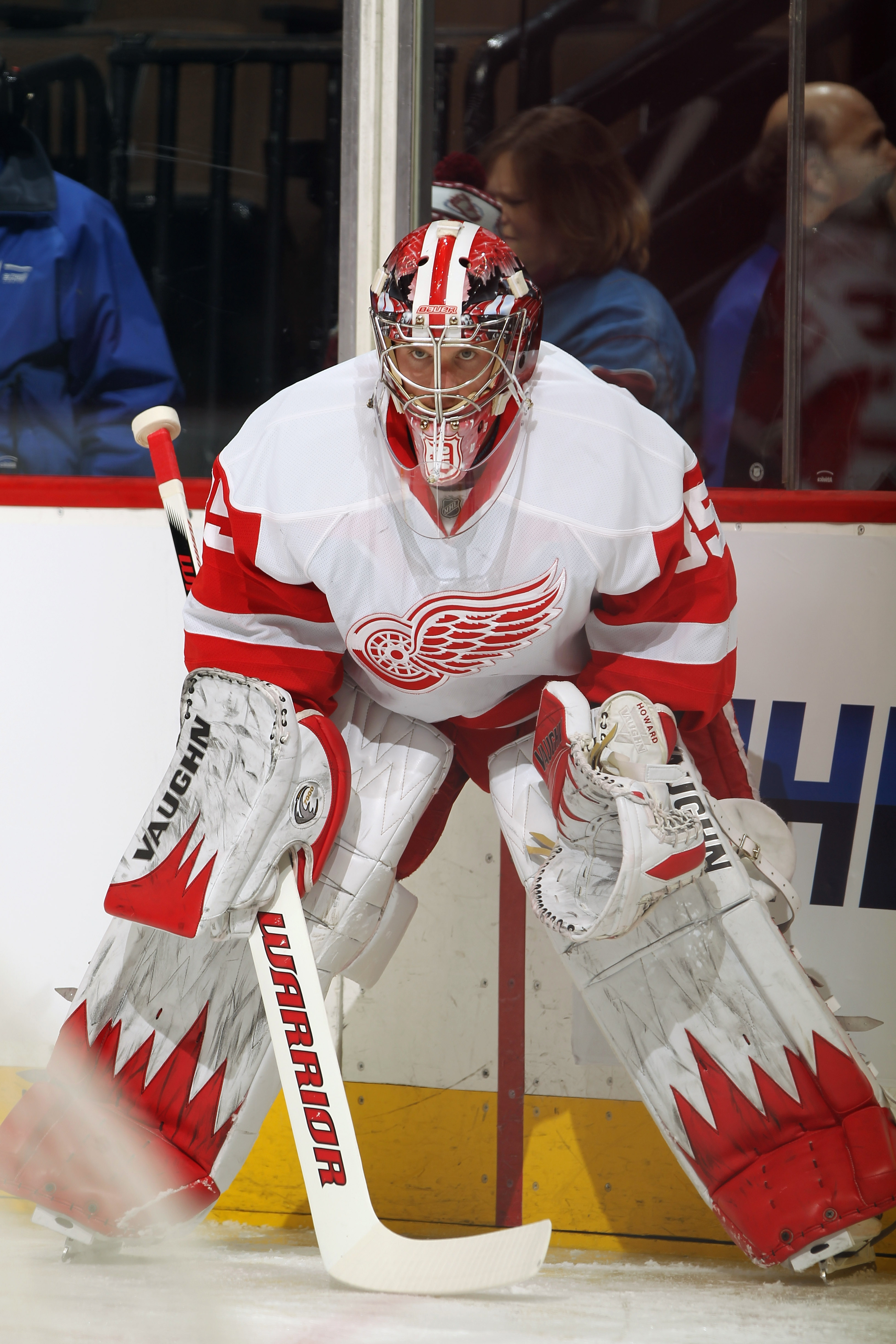 DENVER, CO - JANUARY 10:  Goalie Jimmy Howard #35 of the Detroit Red Wings warms up prior to facing the Colorado Avalanche at the Pepsi Center on January 10, 2011 in Denver, Colorado. The Avalanche defeated the Red Wings 5-4.  (Photo by Doug Pensinger/Get