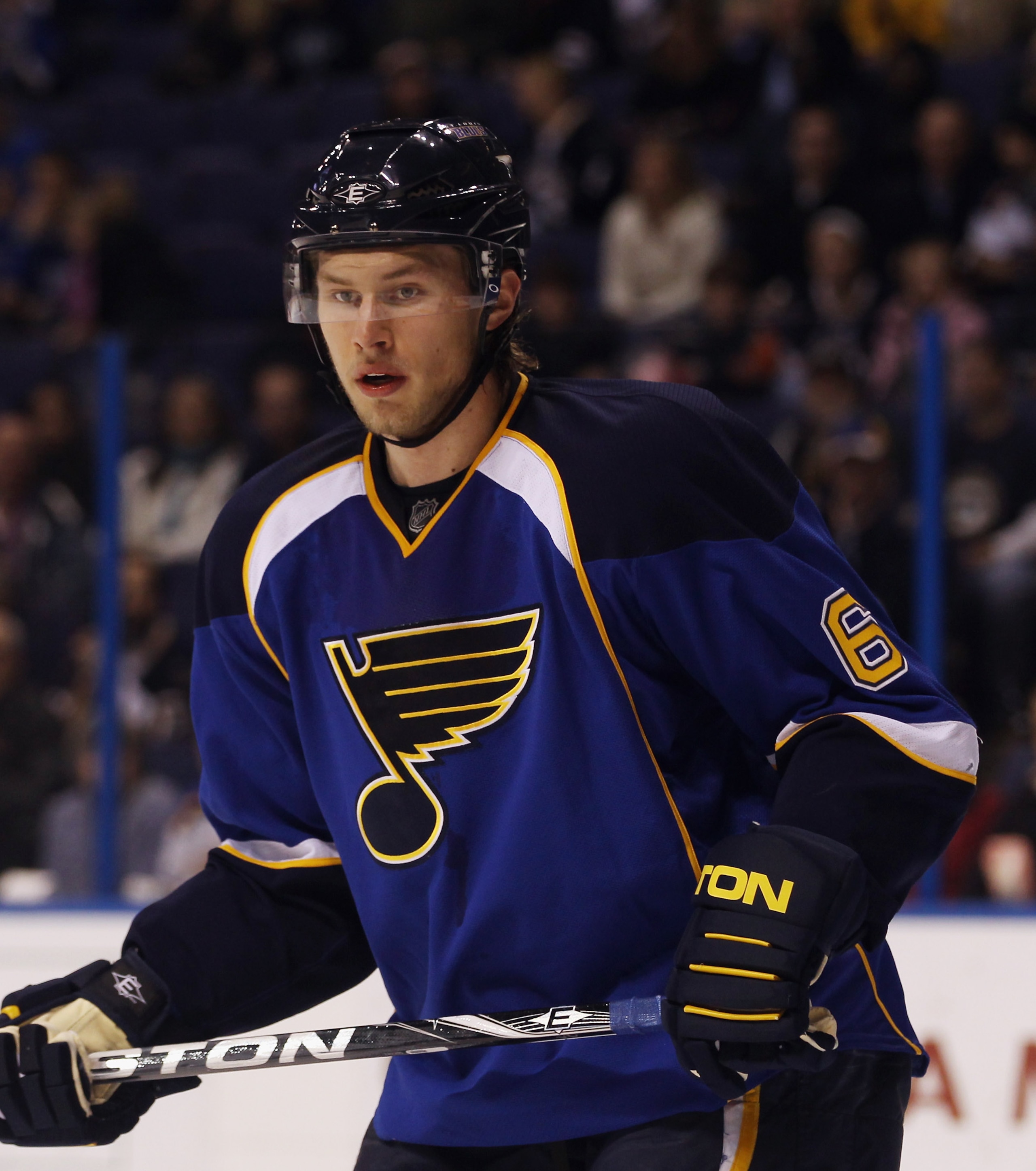 ST LOUIS, MO - DECEMBER 09: Erik Johnson #6 of the St. Louis Blues skates against the Columbus Blue Jackets at the Scottrade Center on December 9, 2010 in St Louis, Missouri. The Blues defeated The Blue Jackets 4-1.  (Photo by Bruce Bennett/Getty Images)