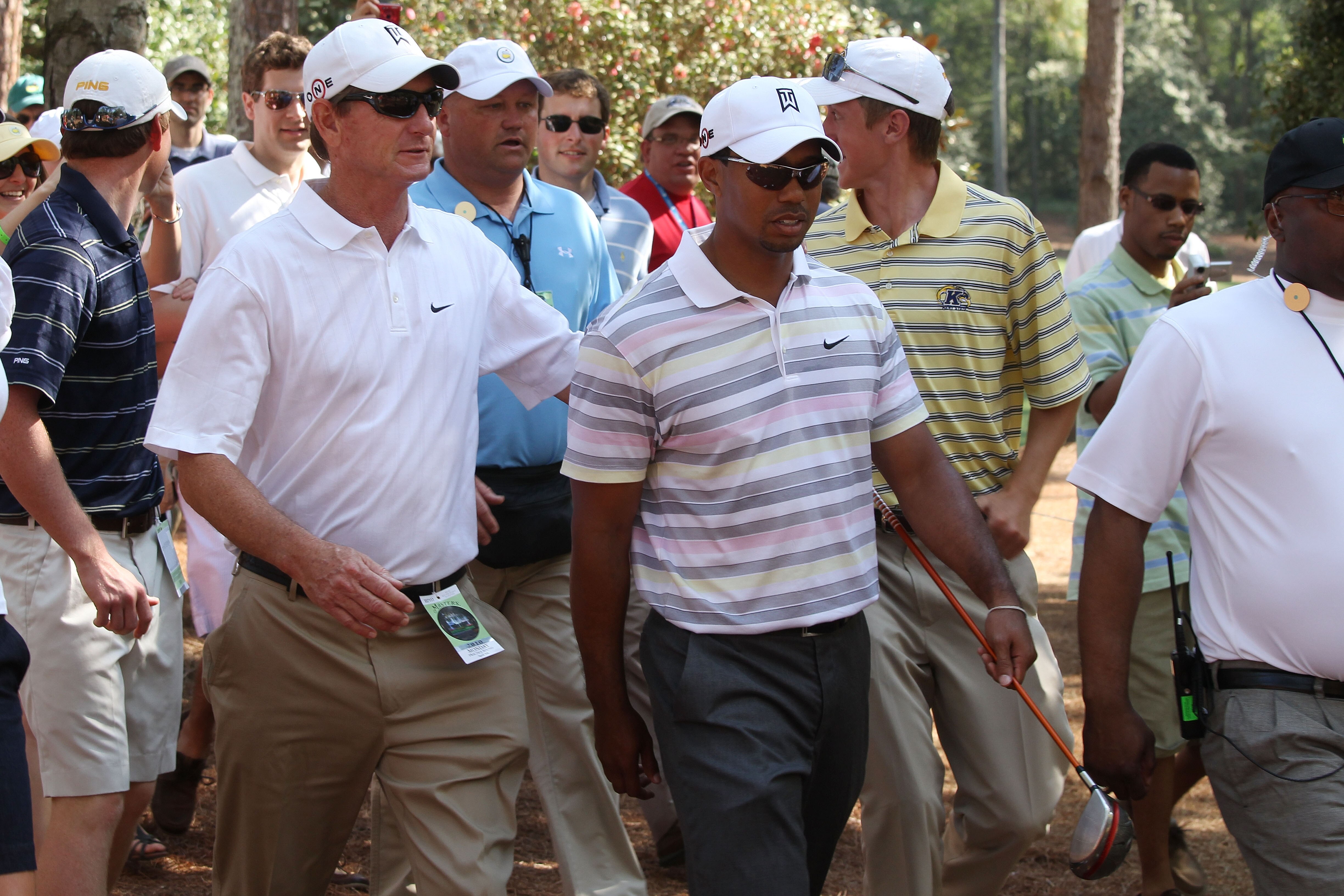 AUGUSTA, GA - APRIL 05:  Tiger Woods walks with swing coach Hank Haney during a practice round prior to the 2010 Masters Tournament at Augusta National Golf Club on April 5, 2010 in Augusta, Georgia.  (Photo by Andrew Redington/Getty Images)