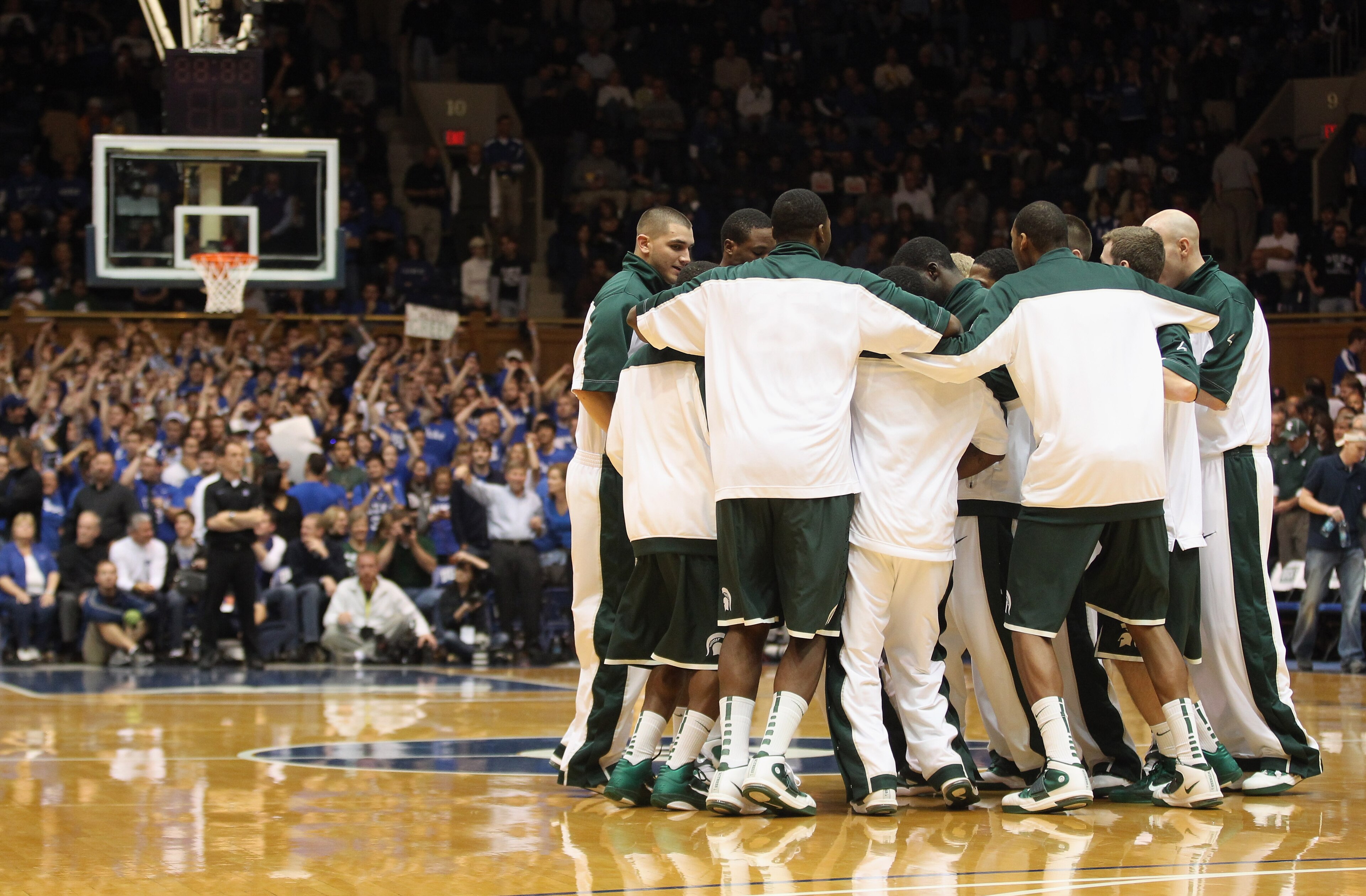 DURHAM, NC - DECEMBER 01:  The Michigan State Spartans huddle before their game against the Duke Blue Devils at Cameron Indoor Stadium on December 1, 2010 in Durham, North Carolina.  (Photo by Streeter Lecka/Getty Images)