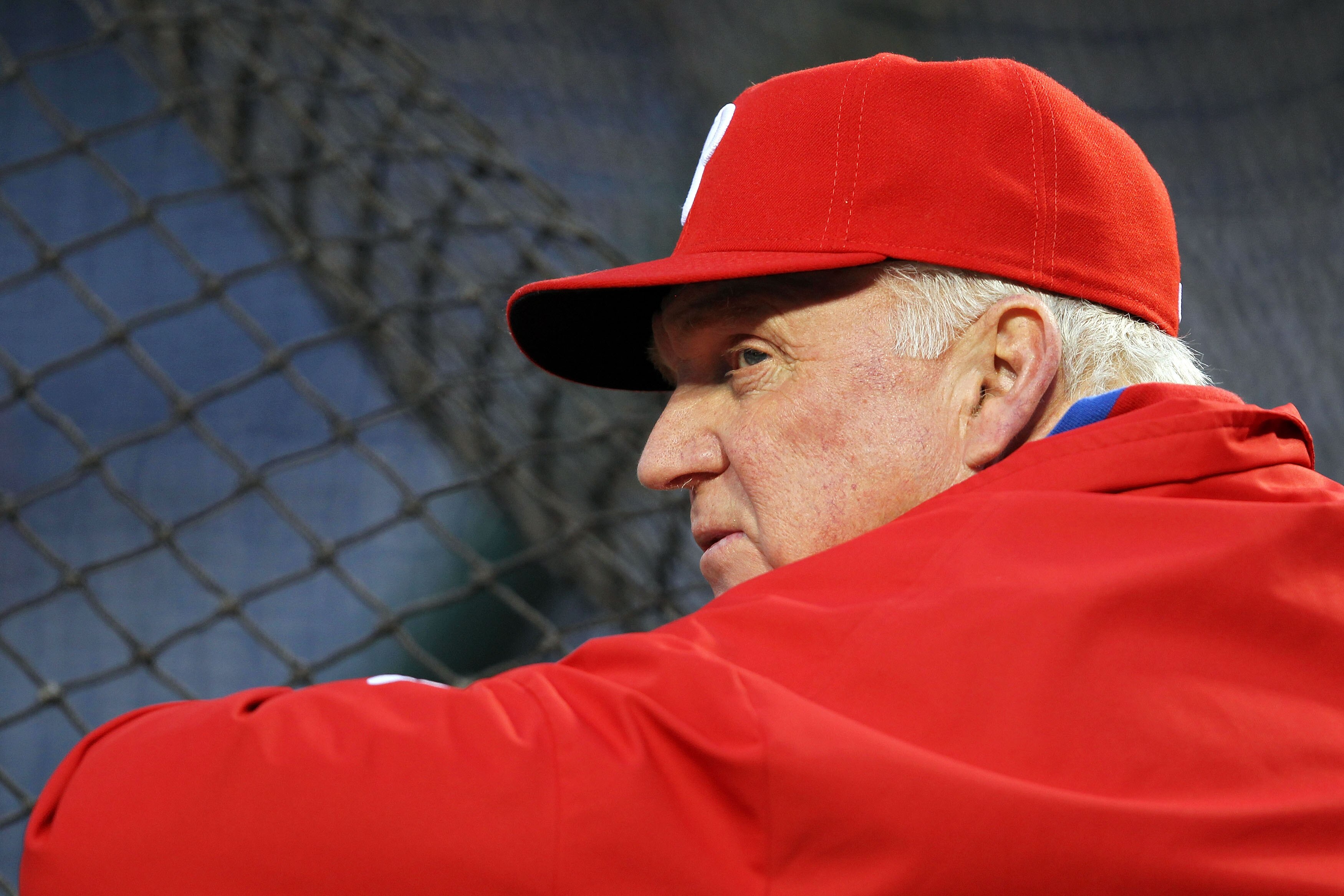 PHILADELPHIA - OCTOBER 23:  Manager Charlie Manuel of the Philadelphia Phillies looks on during batting practice before Game Six of the NLCS during the 2010 MLB Playoffs at Citizens Bank Park on October 23, 2010 in Philadelphia, Pennsylvania.  (Photo by A