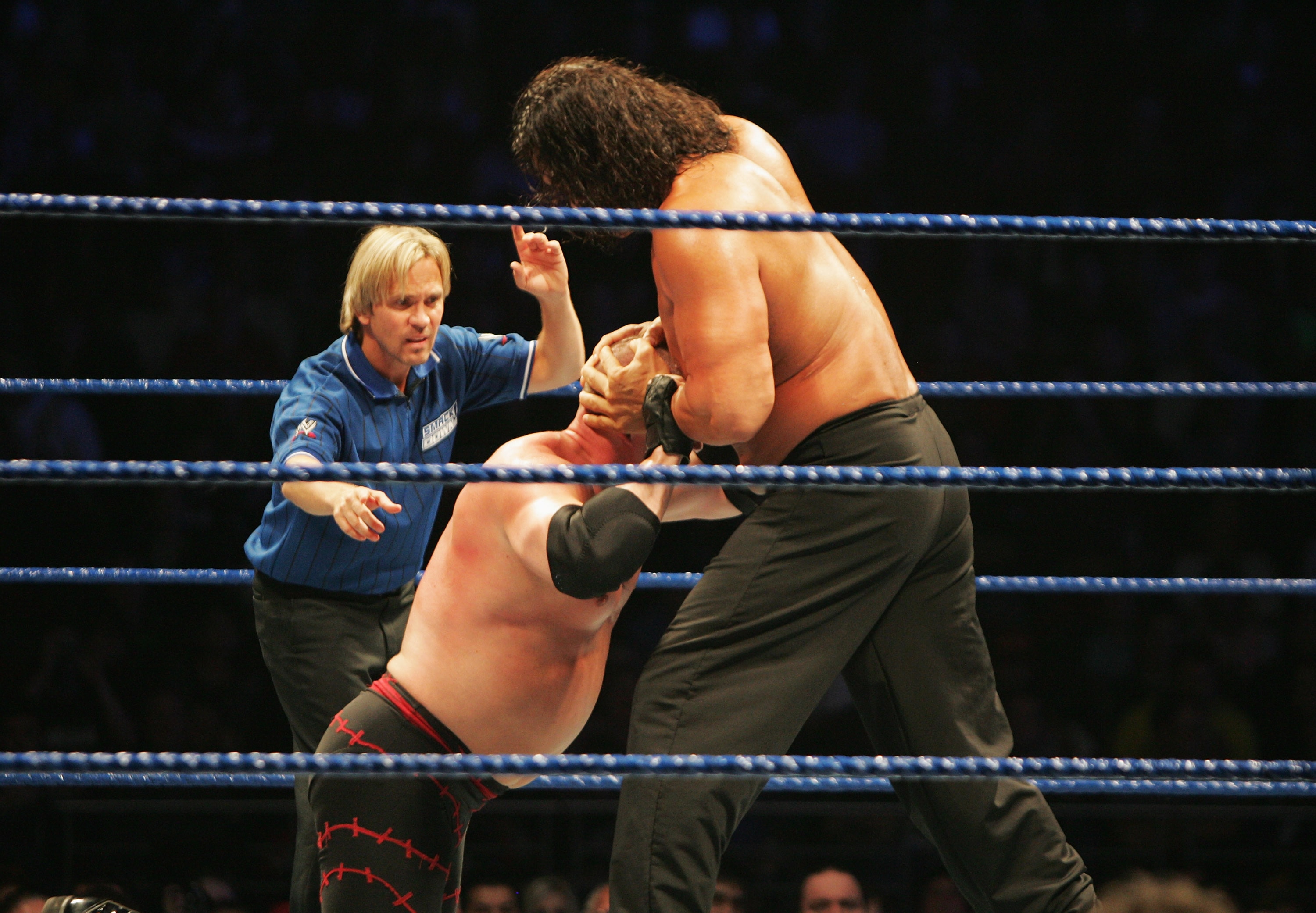 SYDNEY, AUSTRALIA - JUNE 15:  The Great Khali puts ECW Champion Kane into a vice grip during WWE Smackdown at Acer Arena on June 15, 2008 in Sydney, Australia.  (Photo by Gaye Gerard/Getty Images)