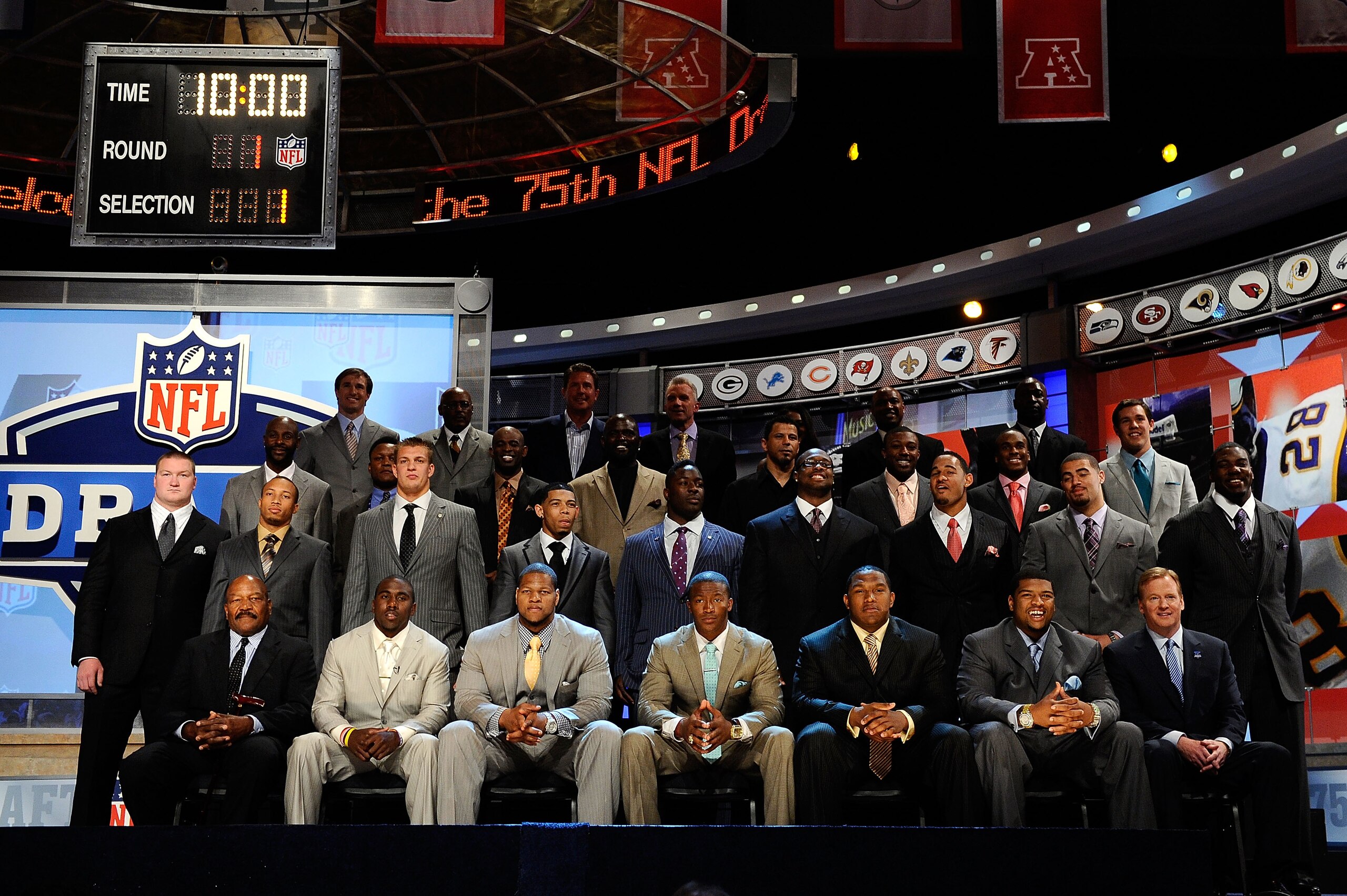 NEW YORK - APRIL 22:  2010 NFL Draft prospects pose for a group photo with former NFL Players including Jerry Rice, Dan Marino, Lawrence Taylor, Deion Sanders, Joe Montana, Floyd Little, Drew Brees, John Randal and NFL Commissioner during the 2010 NFL Dra