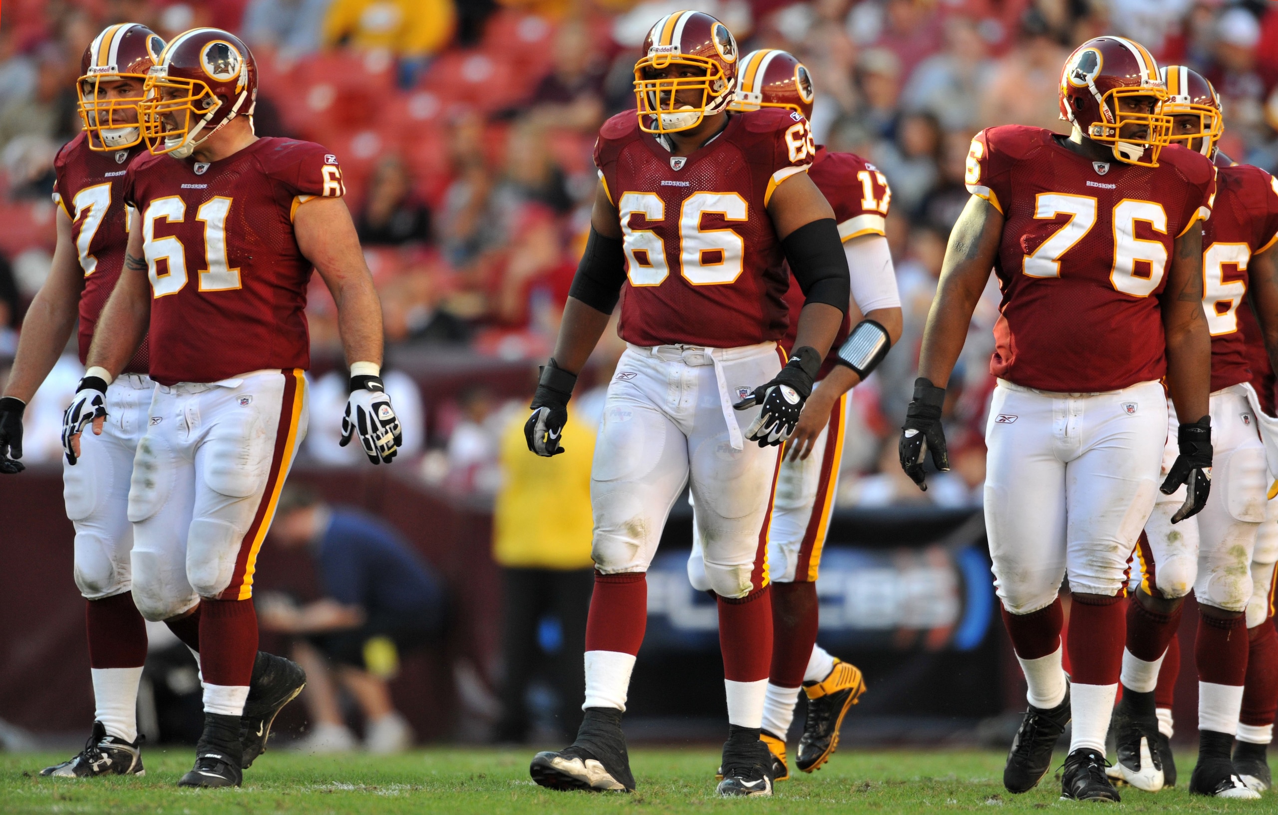 LANDOVER, MD - NOVEMBER 15:  Derrick Dockery #66 of the Washington Redskins walks up to the line of scrimmage during the game against the Denver Broncos at FedExField on November 15, 2009 in Landover, Maryland. The Redskins won 27-17. (Photo by Larry Fren