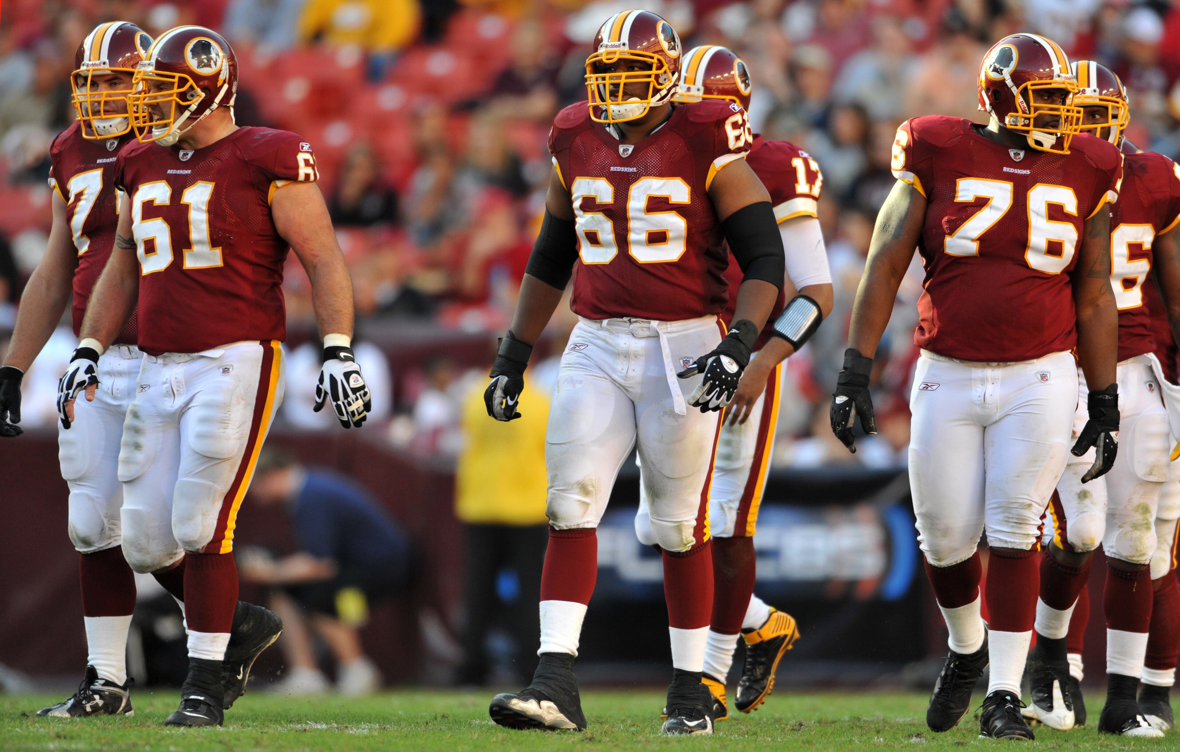 LANDOVER, MD - NOVEMBER 15:  Derrick Dockery #66 of the Washington Redskins walks up to the line of scrimmage during the game against the Denver Broncos at FedExField on November 15, 2009 in Landover, Maryland. The Redskins won 27-17. (Photo by Larry Fren