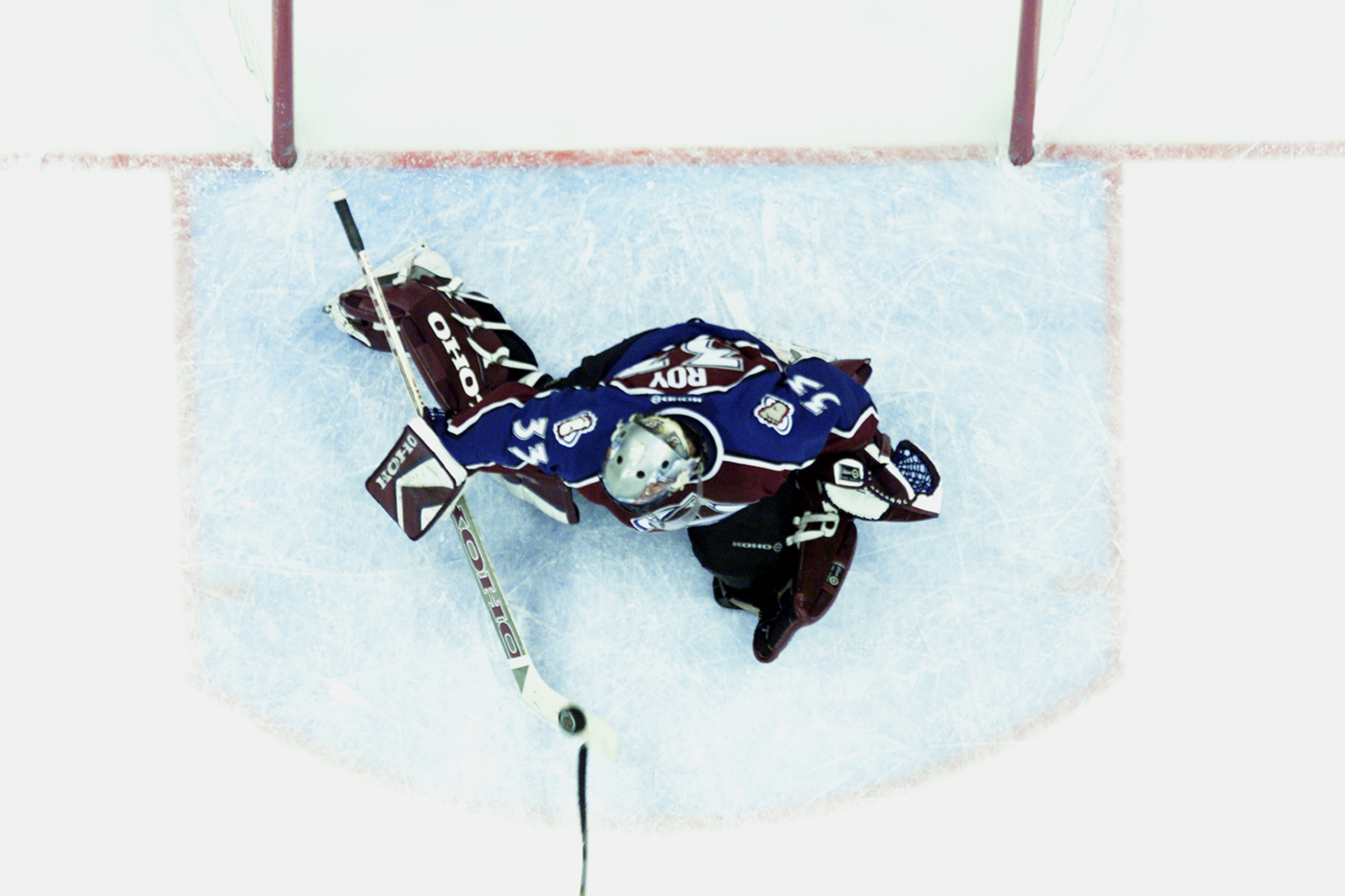 ST. PAUL, MN - APRIL 21: Goalie Patrick Roy #33 of the Colorado Avalanche can't stop a goal by Marian Gaborik #10 of the Minnesota Wild in game six of the first round of the 2003 Western Conference Stanley Cup playoffs on April 21, 2003 at the Xcel Cente