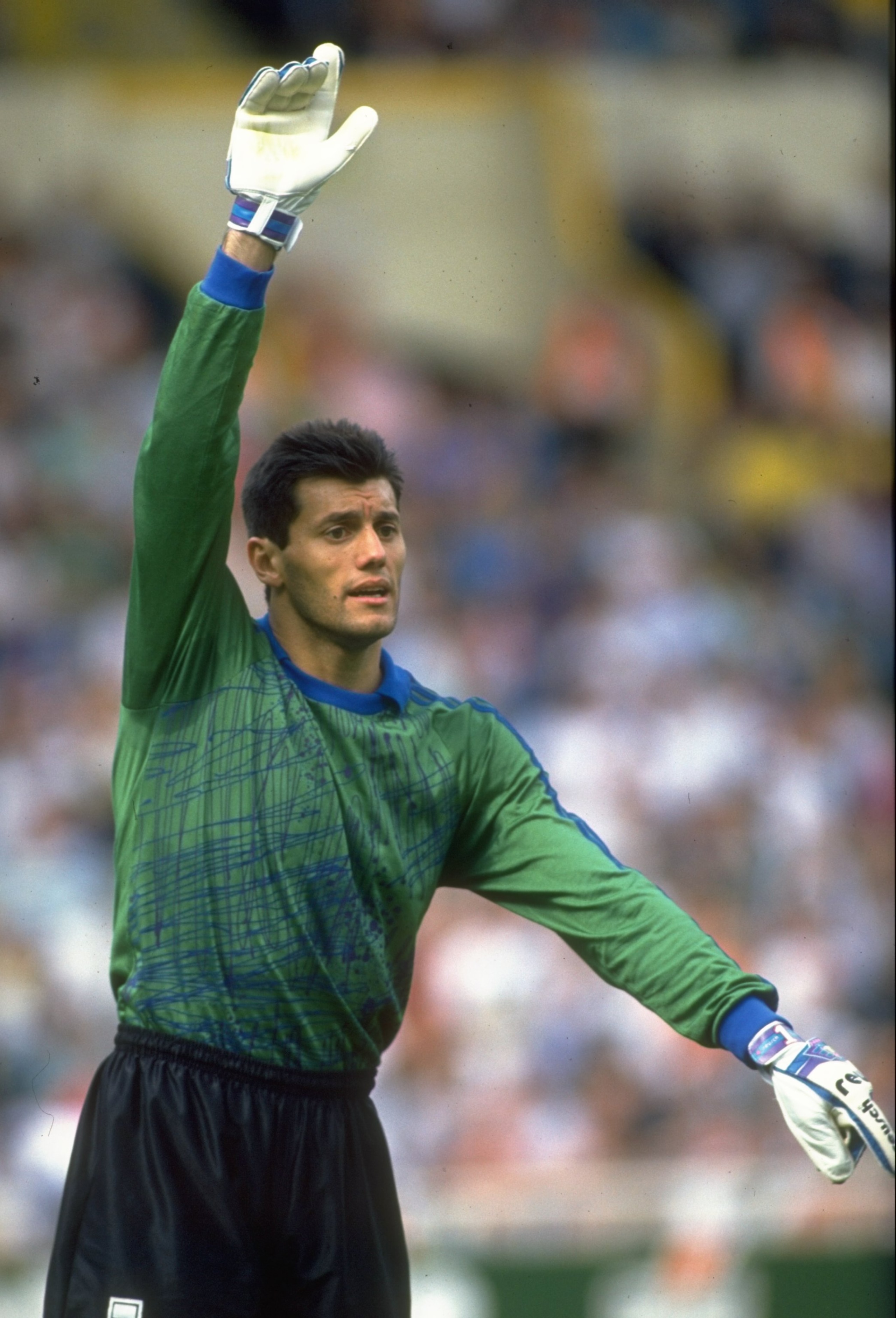 25 May 1991:  Argentinian goalkeeper Sergio Goycochea signals to his team mates during a match against England at Wembley Stadium in London. The match ended in a 2-2 draw. \ Mandatory Credit: Ben  Radford/Allsport