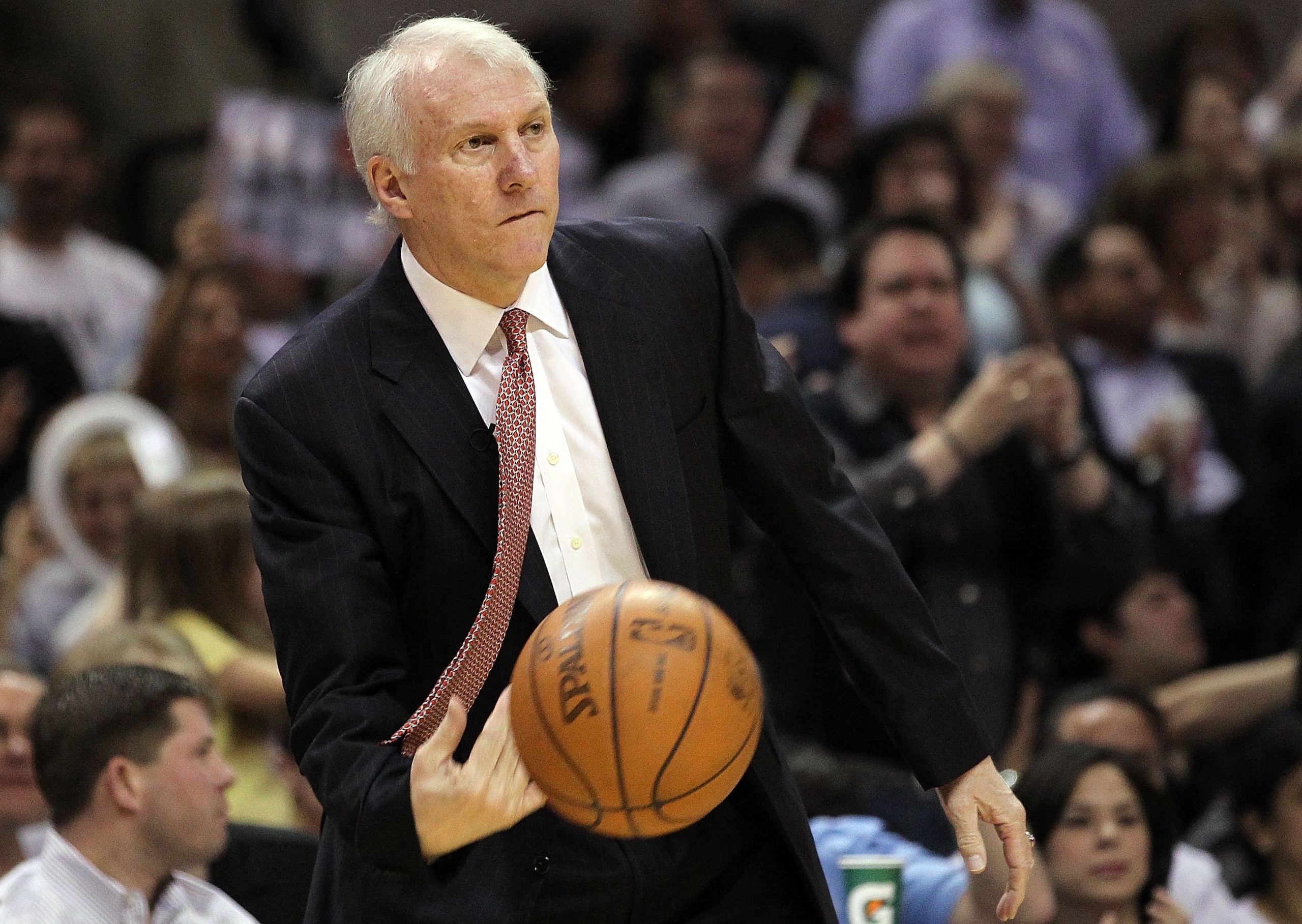 SAN ANTONIO - APRIL 23:  Head coach Gregg Popovich of the San Antonio Spurs in Game Three of the Western Conference Quarterfinals during the 2010 NBA Playoffs at AT&T Center on April 23, 2010 in San Antonio, Texas. NOTE TO USER: User expressly acknowledge