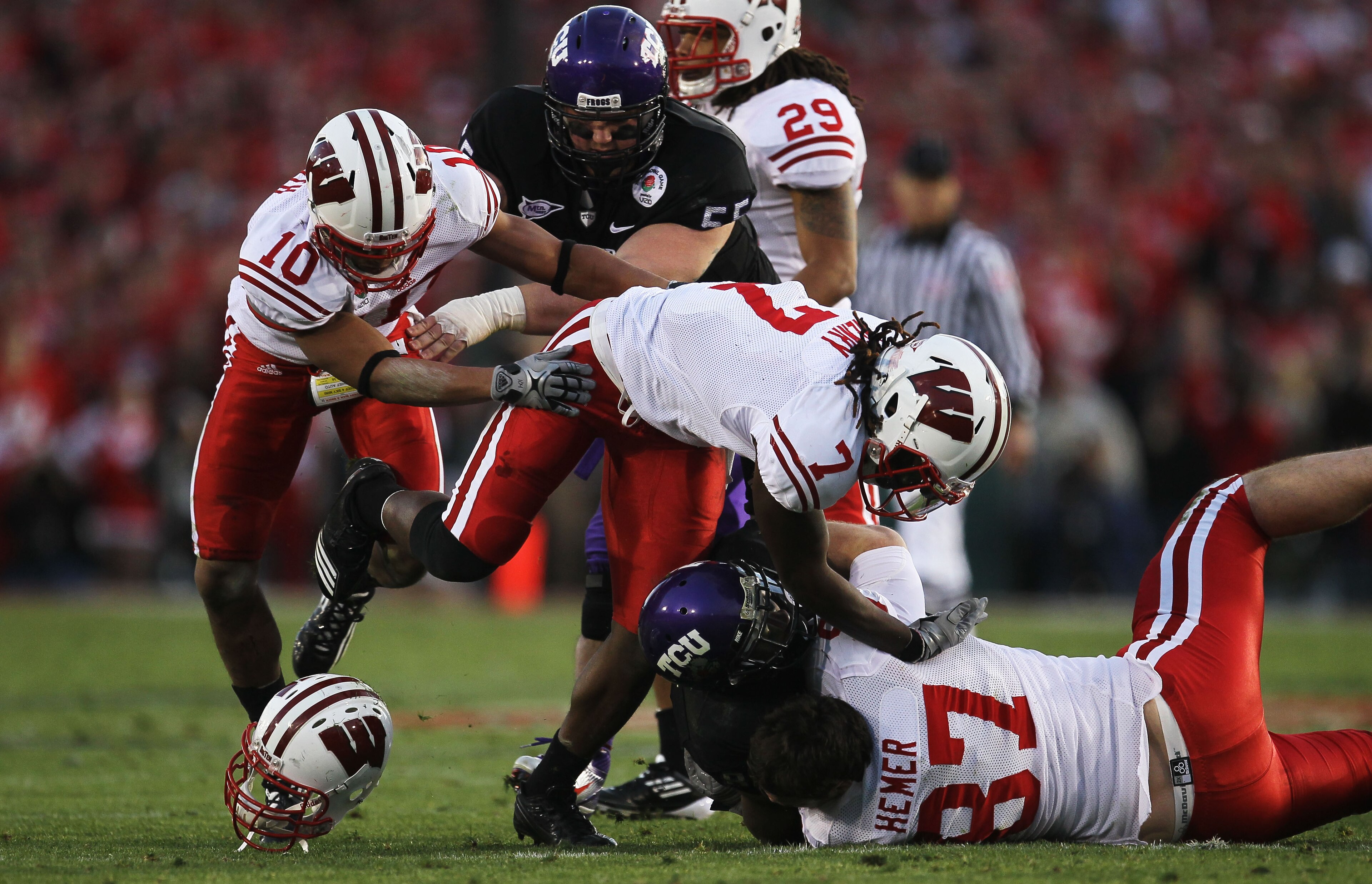 PASADENA, CA - JANUARY 01: Wide receiver Jeremy Kerley #85 of the TCU Horned Frogs is tackled after a catch against the Wisconsin Badgers in the 97th Rose Bowl game on January 1, 2011 in Pasadena, California. (Photo by Stephen Dunn/Getty Images) PASADENA, CA - JANUARY 01: Wide receiver Jeremy Kerley #85 of the TCU Horned Frogs is tackled after a catch against the Wisconsin Badgers in the 97th Rose Bowl game on January 1, 2011 in Pasadena, California. (Photo by Stephen Dunn/Getty Images)