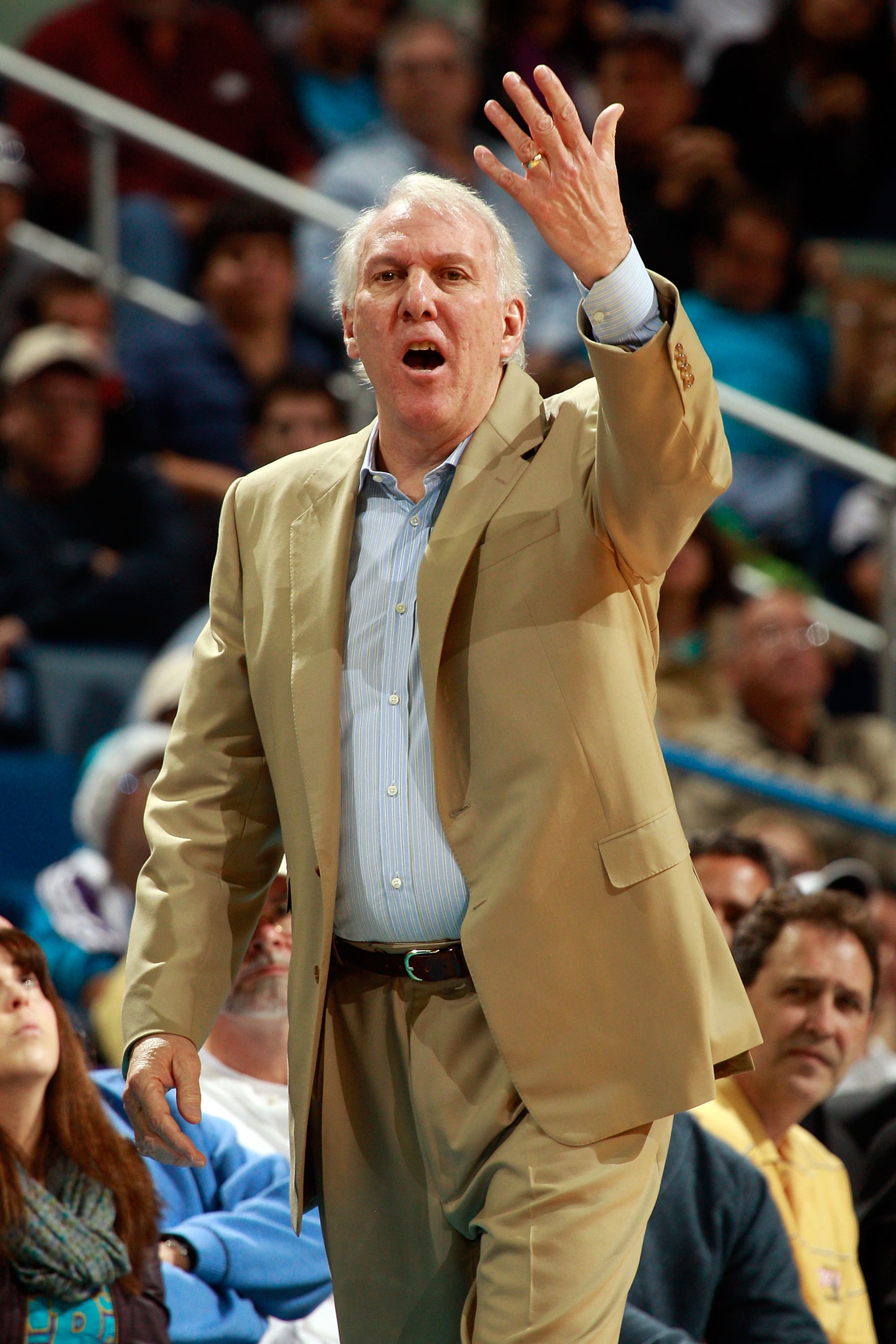 NEW ORLEANS - NOVEMBER 28:  Head coach Gregg Popovich of the San Antonio Spurs reacts to a call during the game against the New Orleans Hornets at the New Orleans Arena on November 28, 2010 in New Orleans, Louisiana.  The Spurs defeated the Hornets 109-95