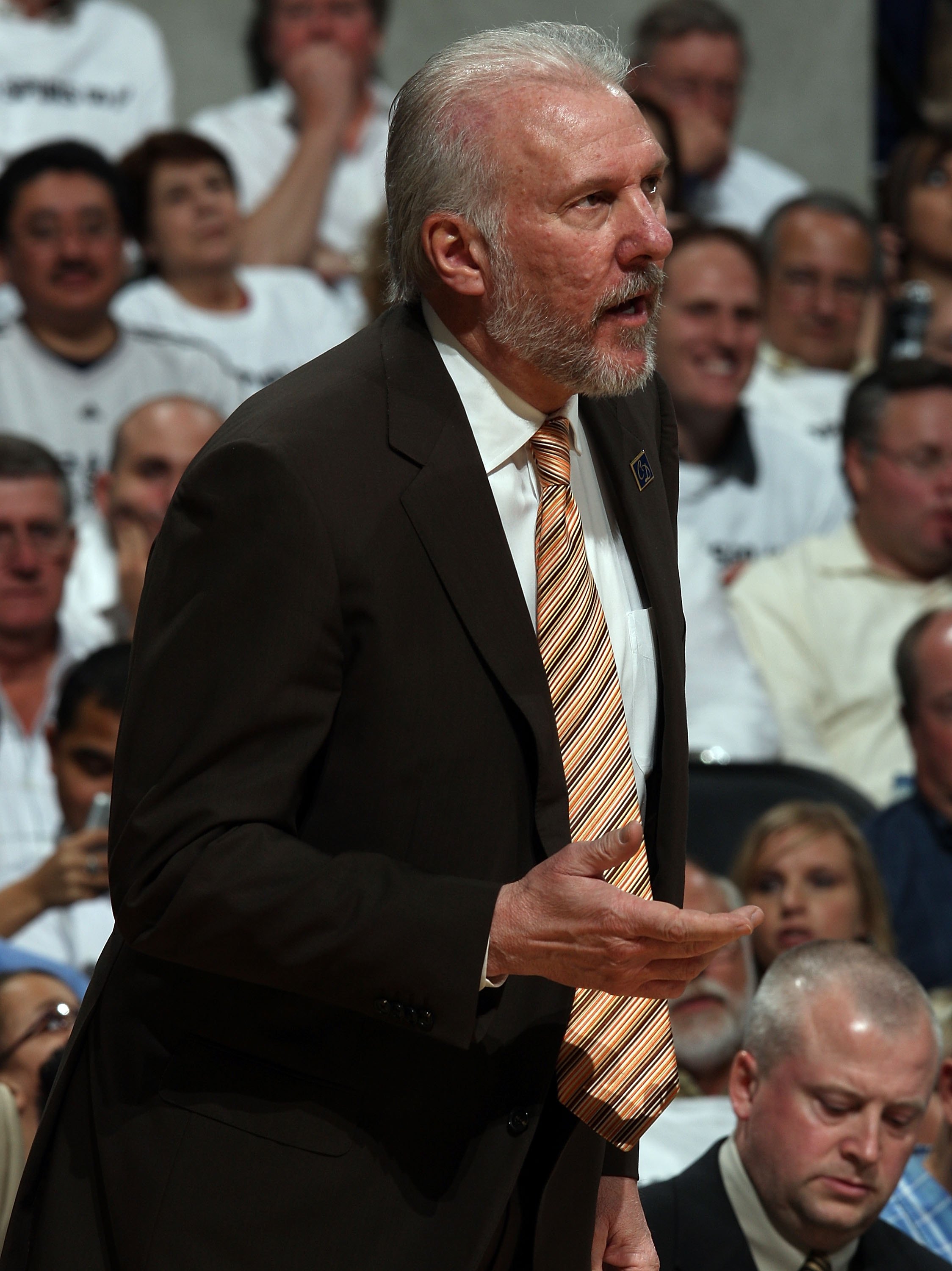 SAN ANTONIO - APRIL 20:  Head coach Gregg Popovich of the San Antonio Spurs during play against the Dallas Mavericks in Game Two of the Western Conference Quarterfinals during the 2009 NBA Playoffs at AT&T Center on April 20, 2009 in San Antonio, Texas. N