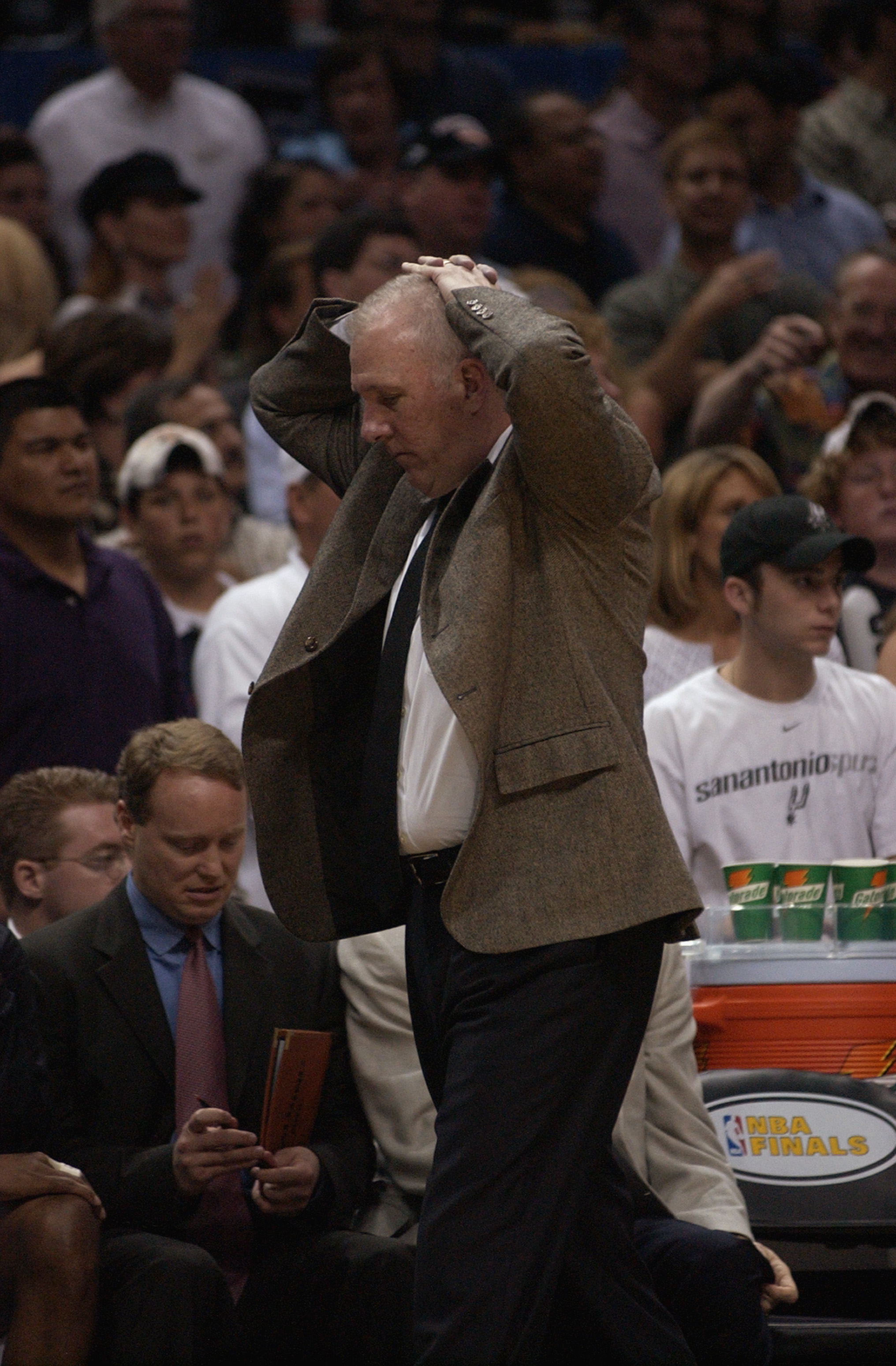 SAN ANTONIO - JUNE 6:  Head coach Gregg Popovich of the San Antonio Spurs paces the sidelines during Game two of the 2003 NBA Finals against the New Jersey Nets at SBC Center on June 6, 2003 in San Antonio, Texas.  The Nets won 87-85.  NOTE TO USER: User
