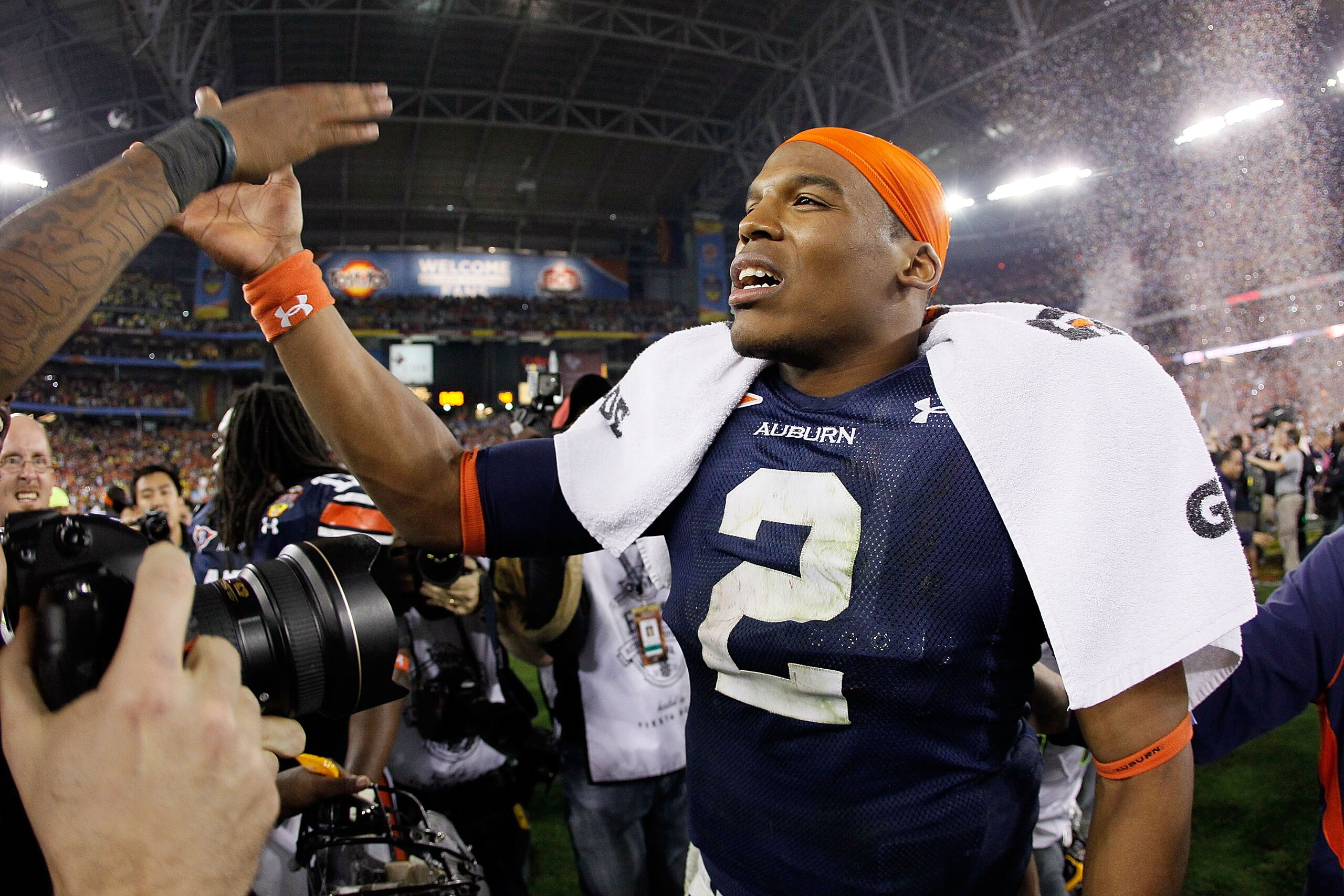 GLENDALE, AZ - JANUARY 10:  Quarterback Cameron Newton #2 of the Auburn Tigers celebrates the Tigers 22-19 victory against the Oregon Ducks in the Tostitos BCS National Championship Game at University of Phoenix Stadium on January 10, 2011 in Glendale, Ar