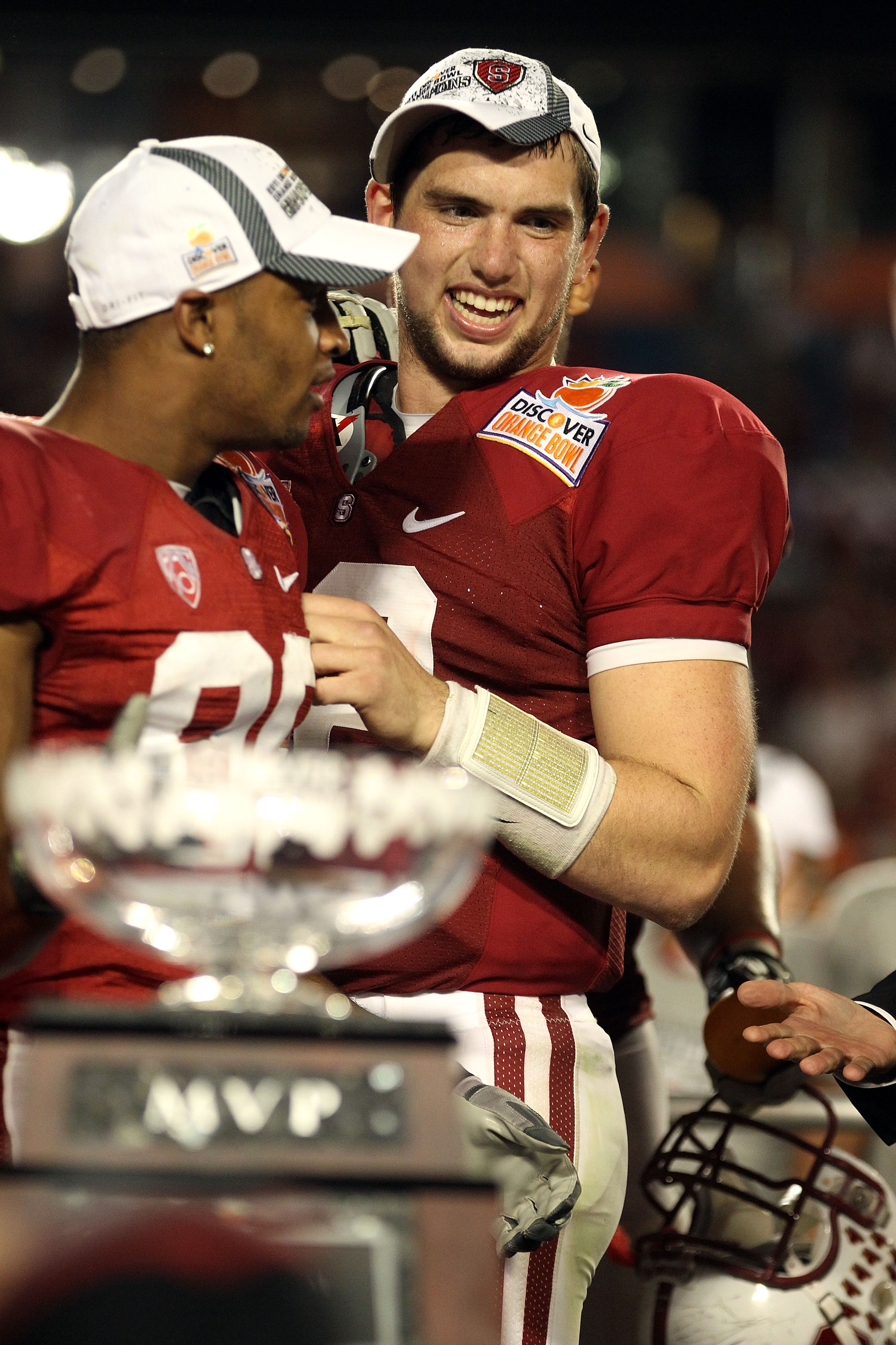 MIAMI, FL - JANUARY 03:  Orange Bowl Andrew Luck #12 of the Stanford Cardinal celebrates after Stanford won 40-12 against the Virginia Tech Hokies during the 2011 Discover Orange Bowl at Sun Life Stadium on January 3, 2011 in Miami, Florida.  (Photo by St