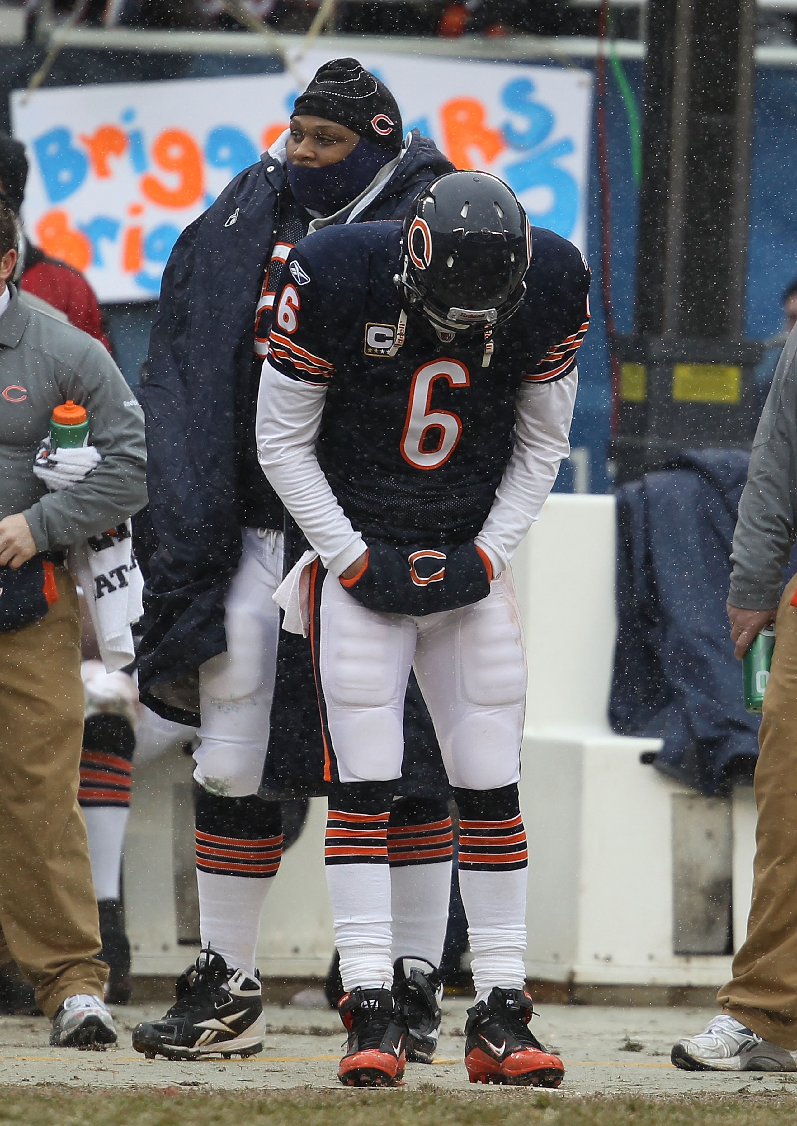 CHICAGO, IL - DECEMBER 26: Jay Cutler #6 of the Chicago Bears reacts on the sidelines after throwing an interception for a touchdown against the New York Jets at Soldier Field on December 26, 2010 in Chicago, Illinois. The Bears defeated the Jets 38-34. ( CHICAGO, IL - DECEMBER 26: Jay Cutler #6 of the Chicago Bears reacts on the sidelines after throwing an interception for a touchdown against the New York Jets at Soldier Field on December 26, 2010 in Chicago, Illinois. The Bears defeated the Jets 38-34. (