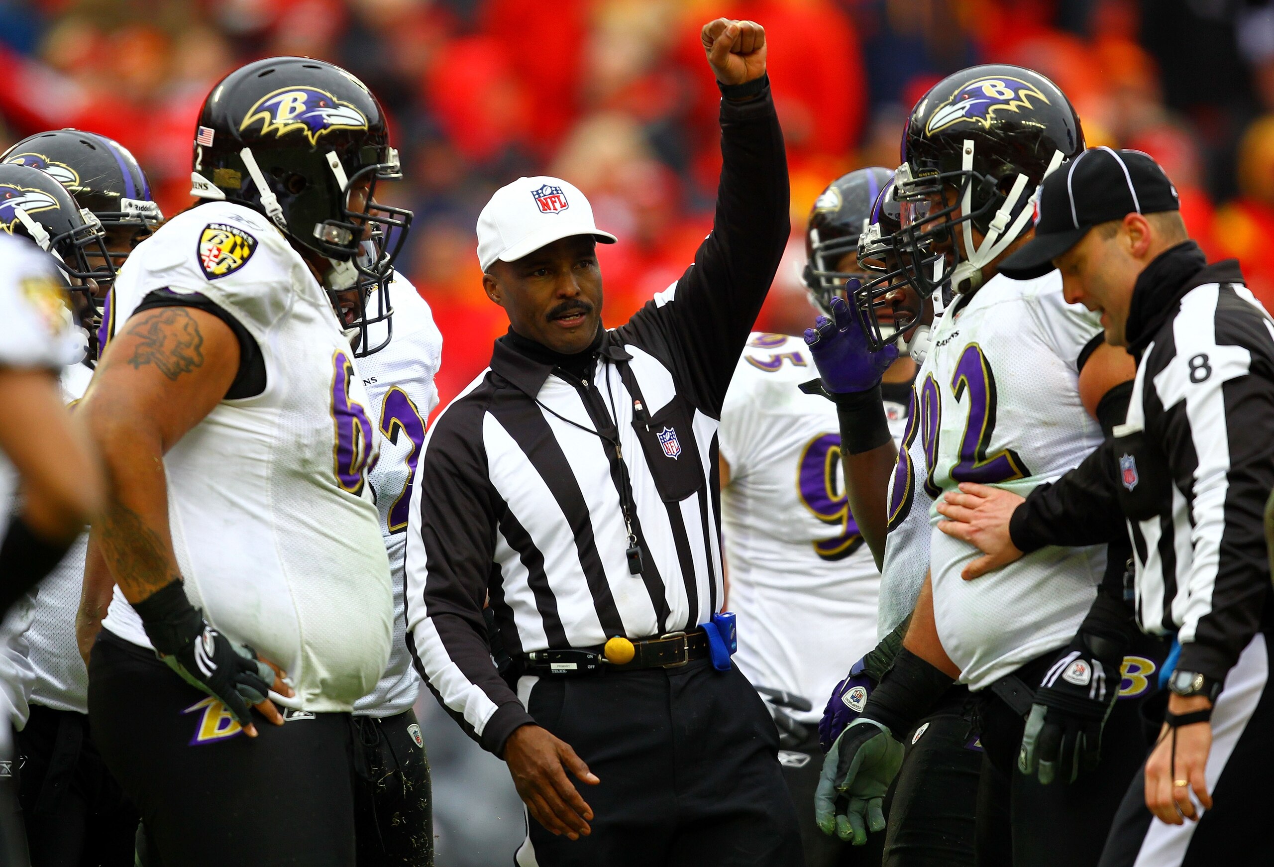 KANSAS CITY, MO - JANUARY 09: Referee Mike Carey signals during the 2011 AFC wild card playoff game between the Kansas City Chiefs and the Baltimore Ravens at Arrowhead Stadium on January 9, 2011 in Kansas City, Missouri. (Photo by Dilip Vishwanat/Getty KANSAS CITY, MO - JANUARY 09: Referee Mike Carey signals during the 2011 AFC wild card playoff game between the Kansas City Chiefs and the Baltimore Ravens at Arrowhead Stadium on January 9, 2011 in Kansas City, Missouri. (Photo by Dilip Vishwanat/Getty