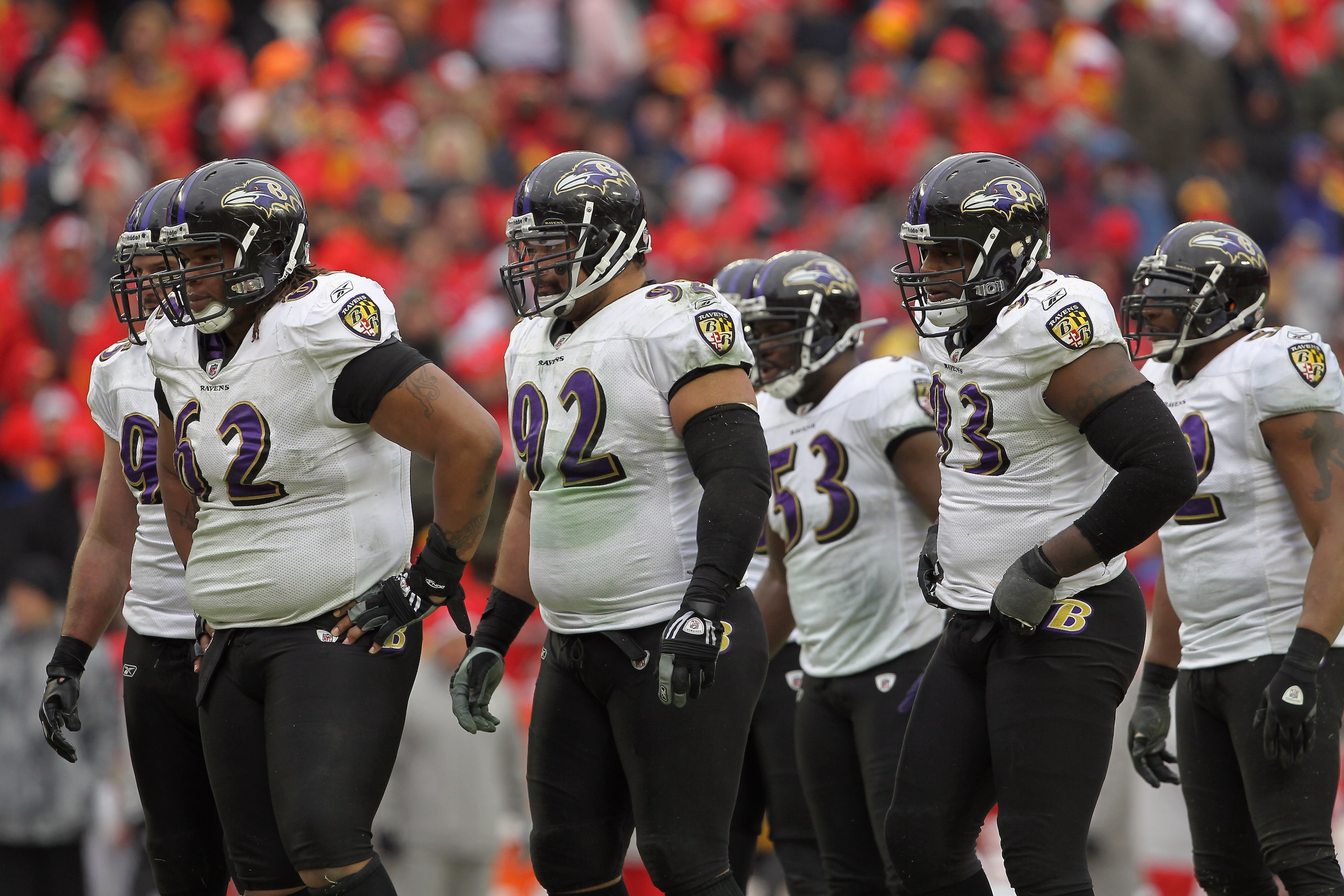 KANSAS CITY, MO - JANUARY 09:  Terrence Cody #62, Haloti Ngata #92, Jameel McClain #53, Cory Redding #93 and Ray Lewis #52 and the Baltimore Ravens defense prepare to face the Kansas City Chiefs during their 2011 AFC wild card playoff game at Arrowhead St