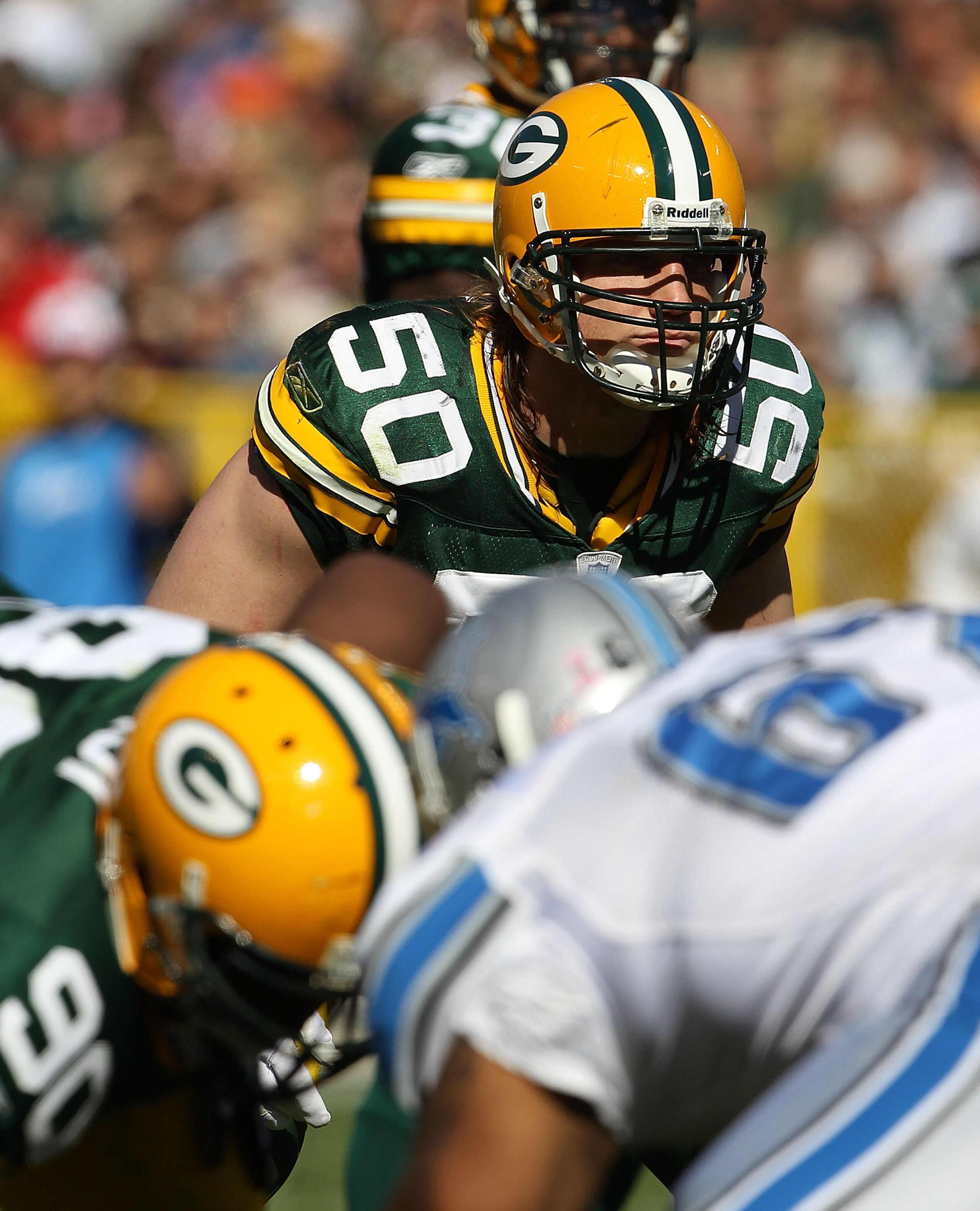 GREEN BAY, WI - OCTOBER 03: A.J. Hawk #50 of the Green Bay Packers awaits the start of play against the Detroit Lions at Lambeau Field on October 3, 2010 in Green Bay, Wisconsin. The Packers defeated the Lions 28-26. (Photo by Jonathan Daniel/Getty Images