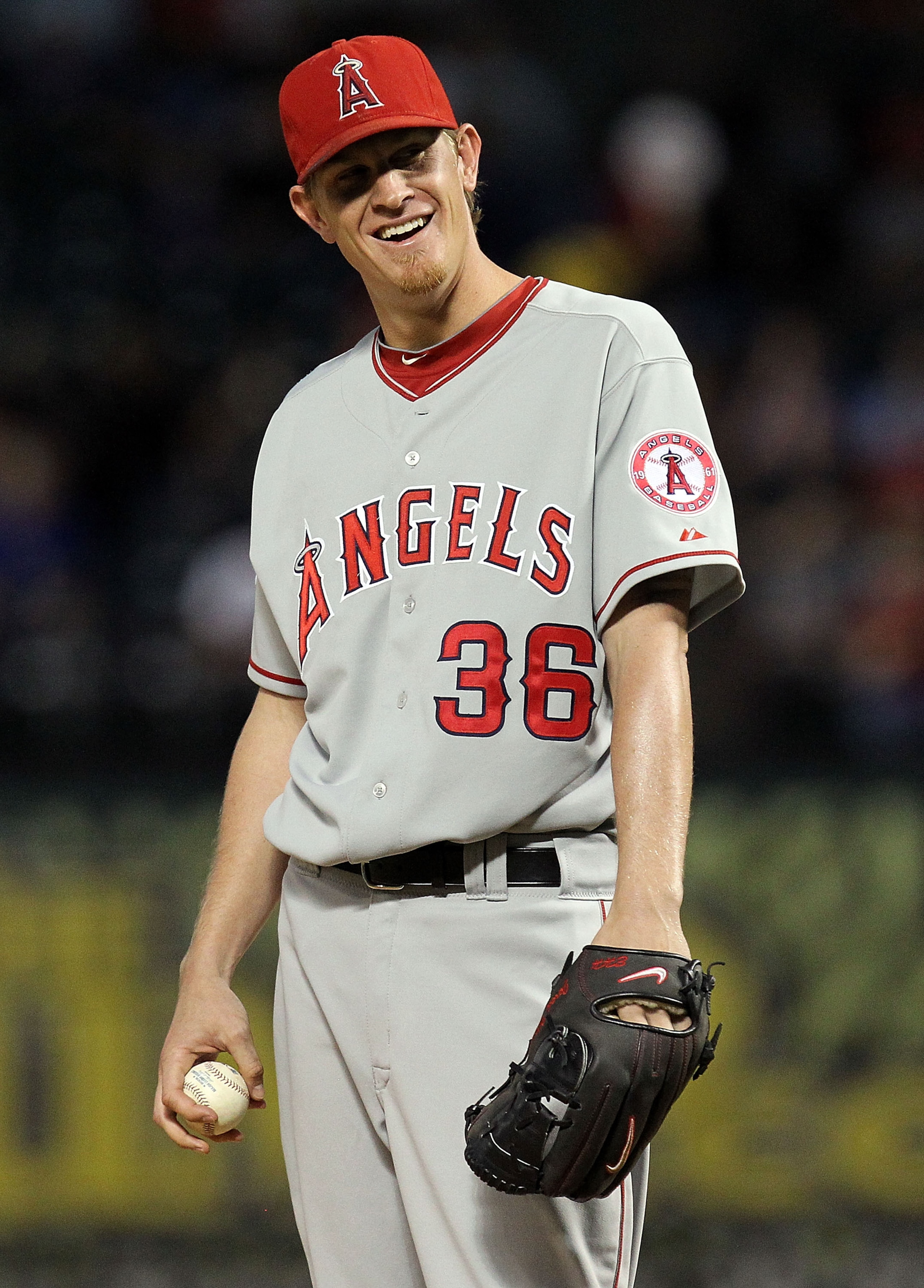 ARLINGTON, TX - OCTOBER 01:  Pitcher Jered Weaver #36 of the Los Angeles Angels of Anaheim reacts after called for a balk against the Texas Rangers at Rangers Ballpark in Arlington on October 1, 2010 in Arlington, Texas.  (Photo by Ronald Martinez/Getty I
