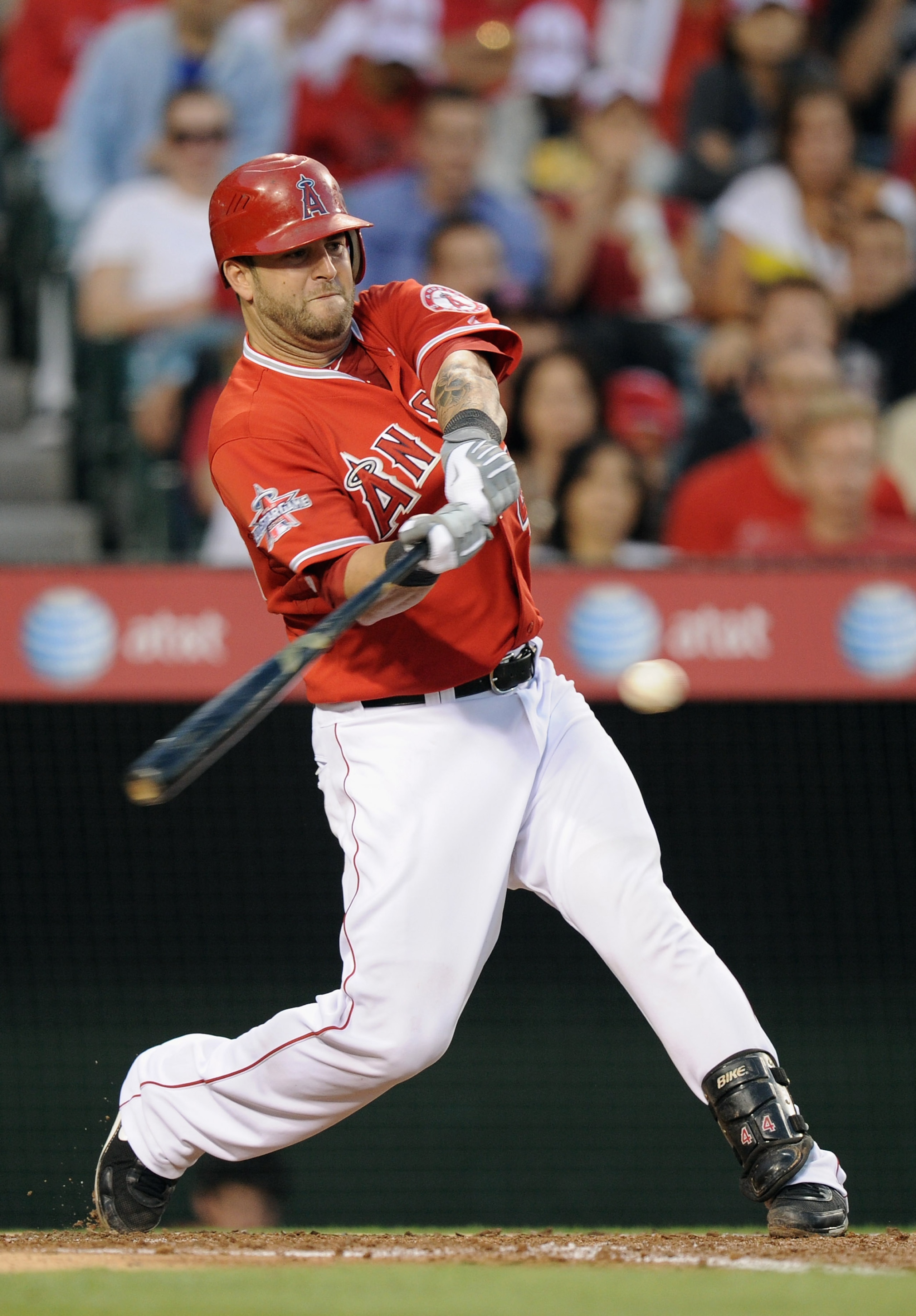 ANAHEIM, CA - AUGUST 10:  Mike Napoli #44 of the Los Angeles Angels strikesout against the Kansas City Royals during the second inning at Angel Stadium on August 10, 2010 in Anaheim, California.  (Photo by Harry How/Getty Images)